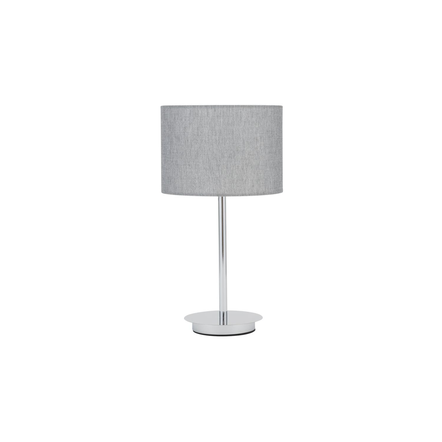 Lampa stołowa z szarym, cylindrycznym abażurem i metalową podstawą w kolorze srebrnym. Produkt ma prosty i elegancki design.