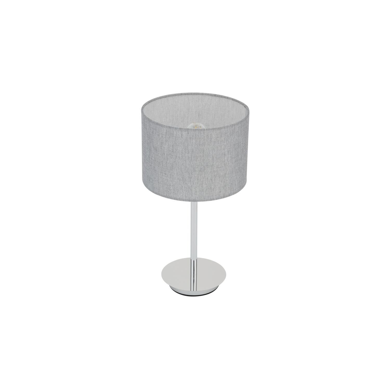 Lampa stołowa z szarym, cylindrycznym abażurem i metalową podstawą w kolorze srebrnym.