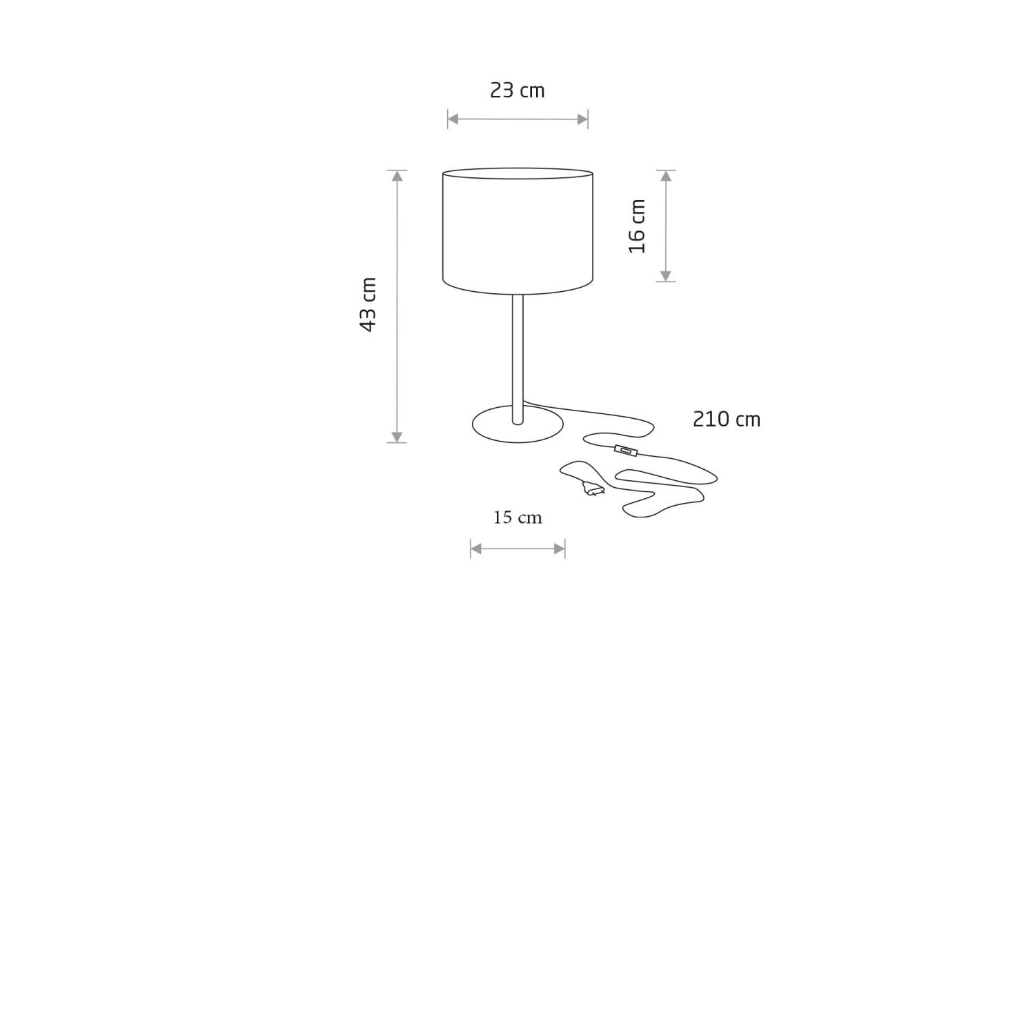 Schemat lampy stołowej z wymiarami: wysokość 43 cm, średnica klosza 23 cm, wysokość klosza 16 cm, średnica podstawy 15 cm, długość przewodu 210 cm.