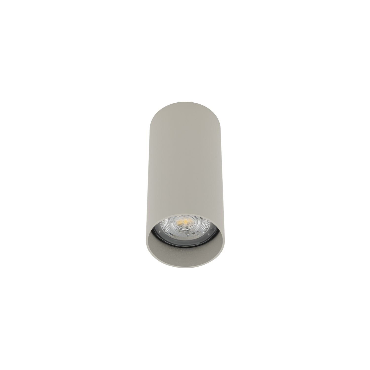 Cylindryczna lampa natynkowa w kolorze szarym z widocznym źródłem światła wewnątrz. Lampa ma nowoczesny design i jest przeznaczona do montażu sufitowego.