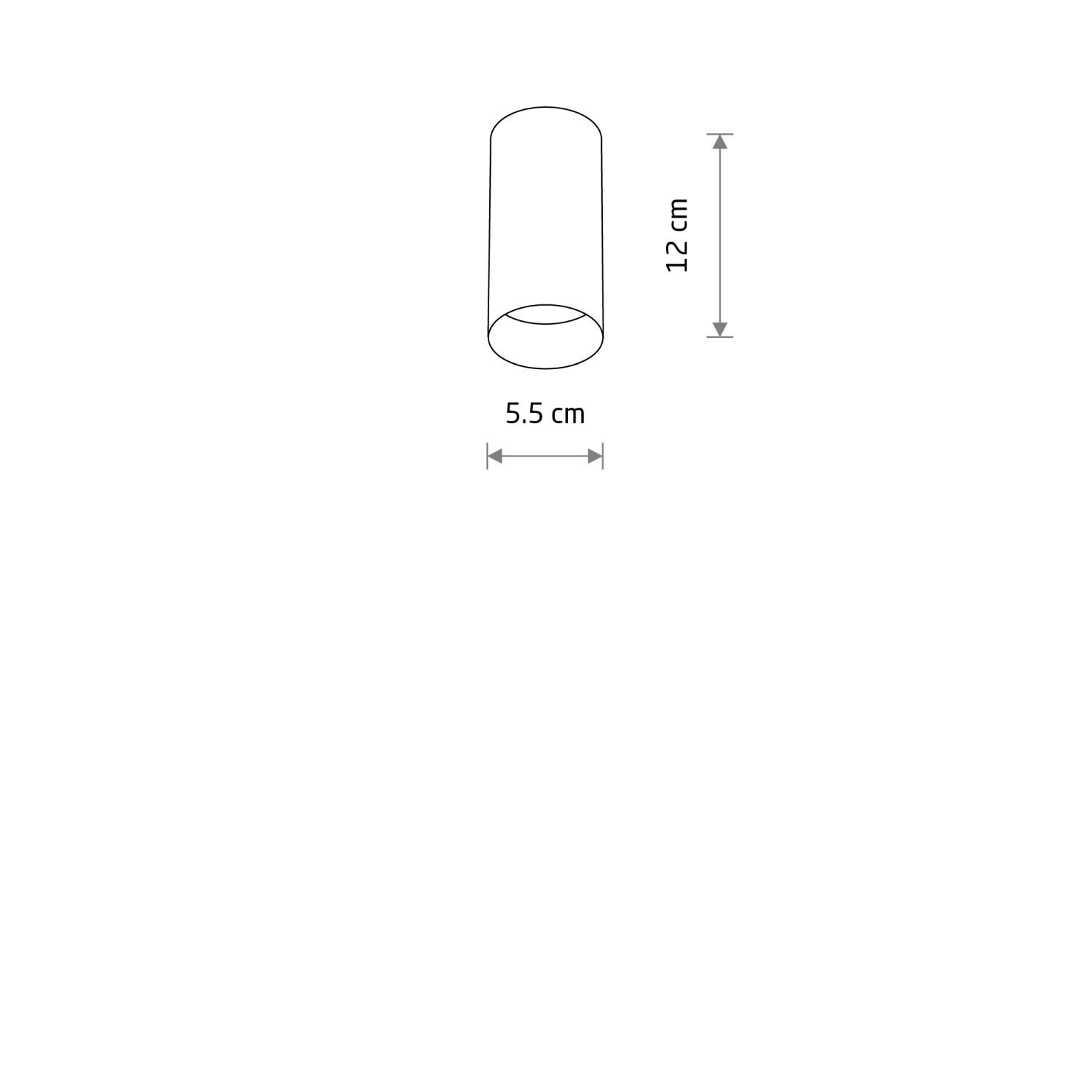 Schematyczny rysunek przedstawia walcowaty kształt z wymiarami: wysokość 12 cm i średnica 5.5 cm.