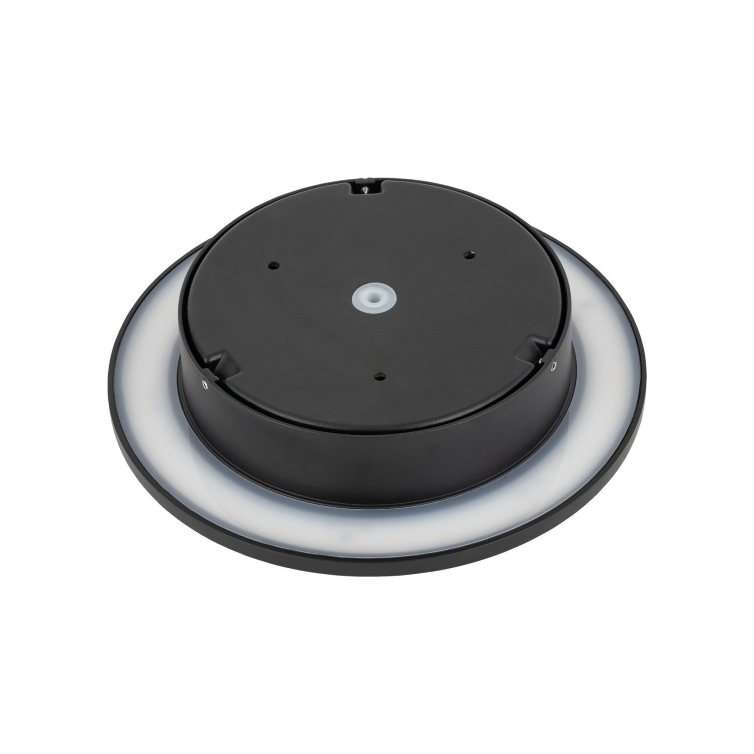 Czarna, okrągła lampa ścienna z białym pierścieniem świetlnym wokół krawędzi. Lampa ma nowoczesny design i jest przeznaczona do montażu na ścianie.