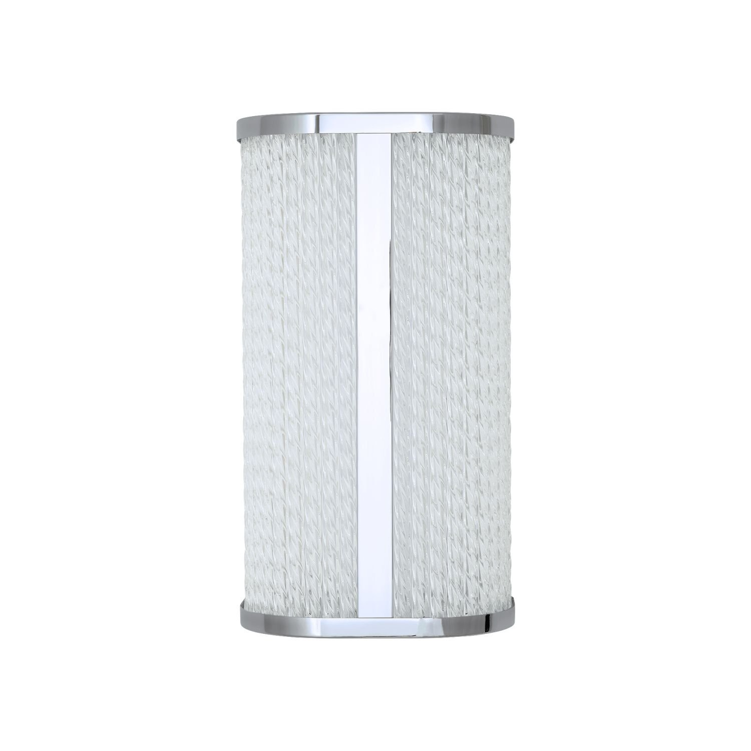 Lampa ścienna o cylindrycznym kształcie z białym, teksturowanym kloszem i srebrnymi elementami wykończenia.