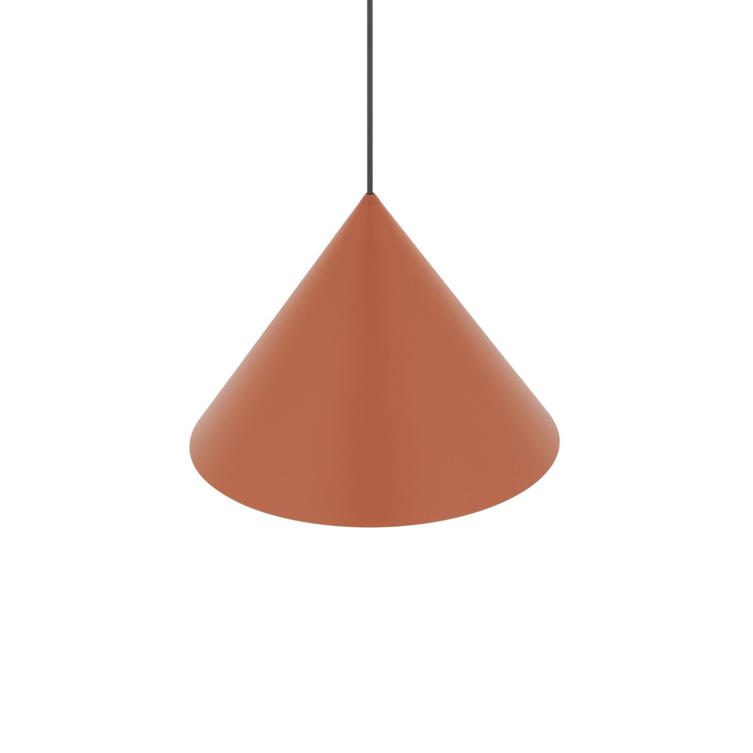 Lampa wisząca w kształcie stożka o gładkiej, matowej powierzchni w kolorze terakoty, zawieszona na cienkim, czarnym przewodzie.