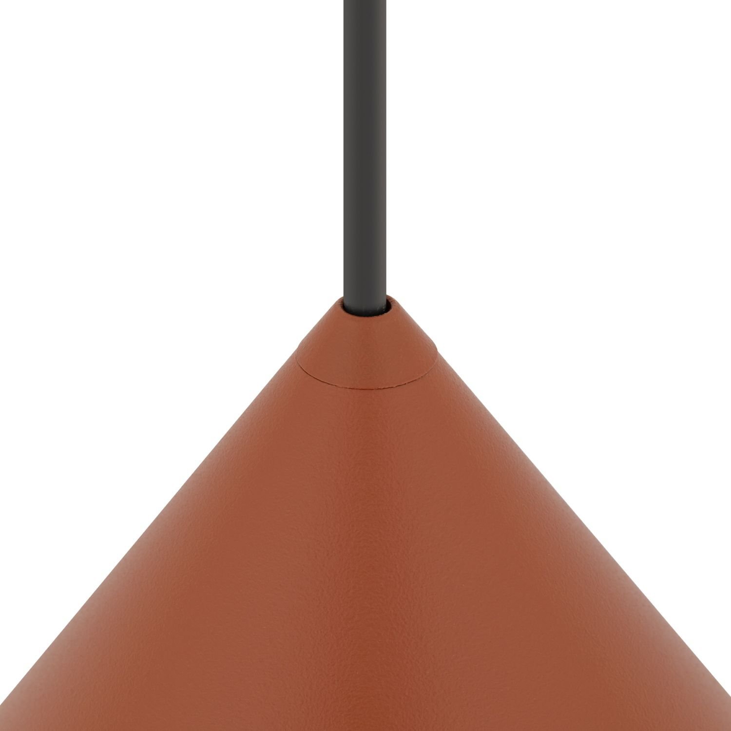 Obraz przedstawia zbliżenie na górną część lampy wiszącej w kolorze brązowym z czarnym przewodem. Lampa ma stożkowy kształt.