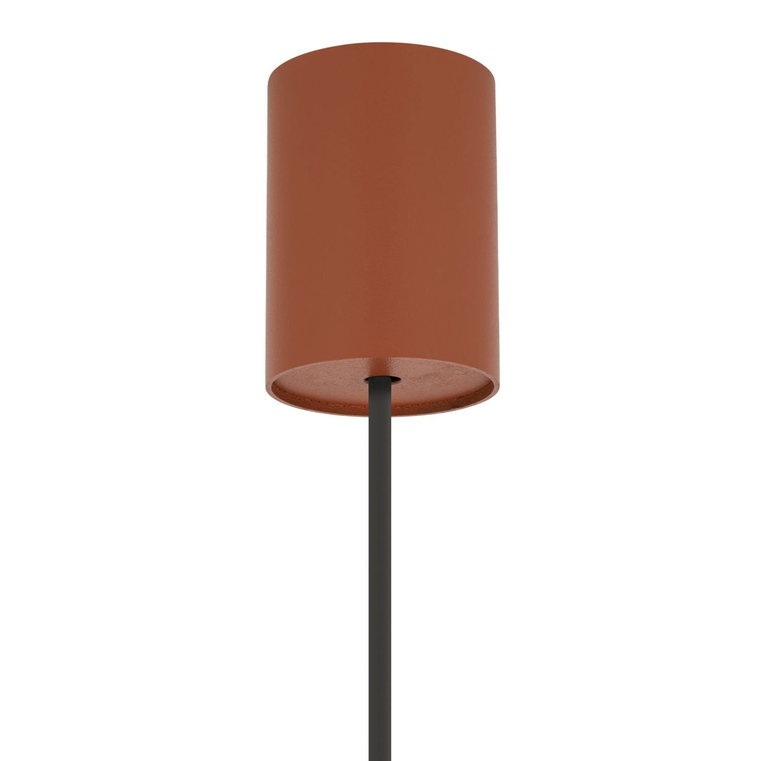 Lampa wisząca z cylindrycznym kloszem w kolorze brązowym, zamocowana na czarnym pręcie.