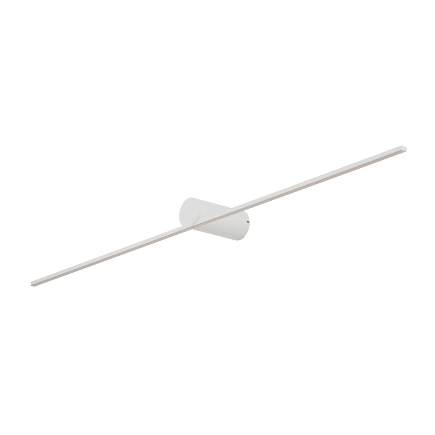 Na obrazie widoczna jest nowoczesna lampa ścienna LED o prostym, minimalistycznym designie, z długim, wąskim ramieniem przymocowanym do cylindrycznej podstawy.