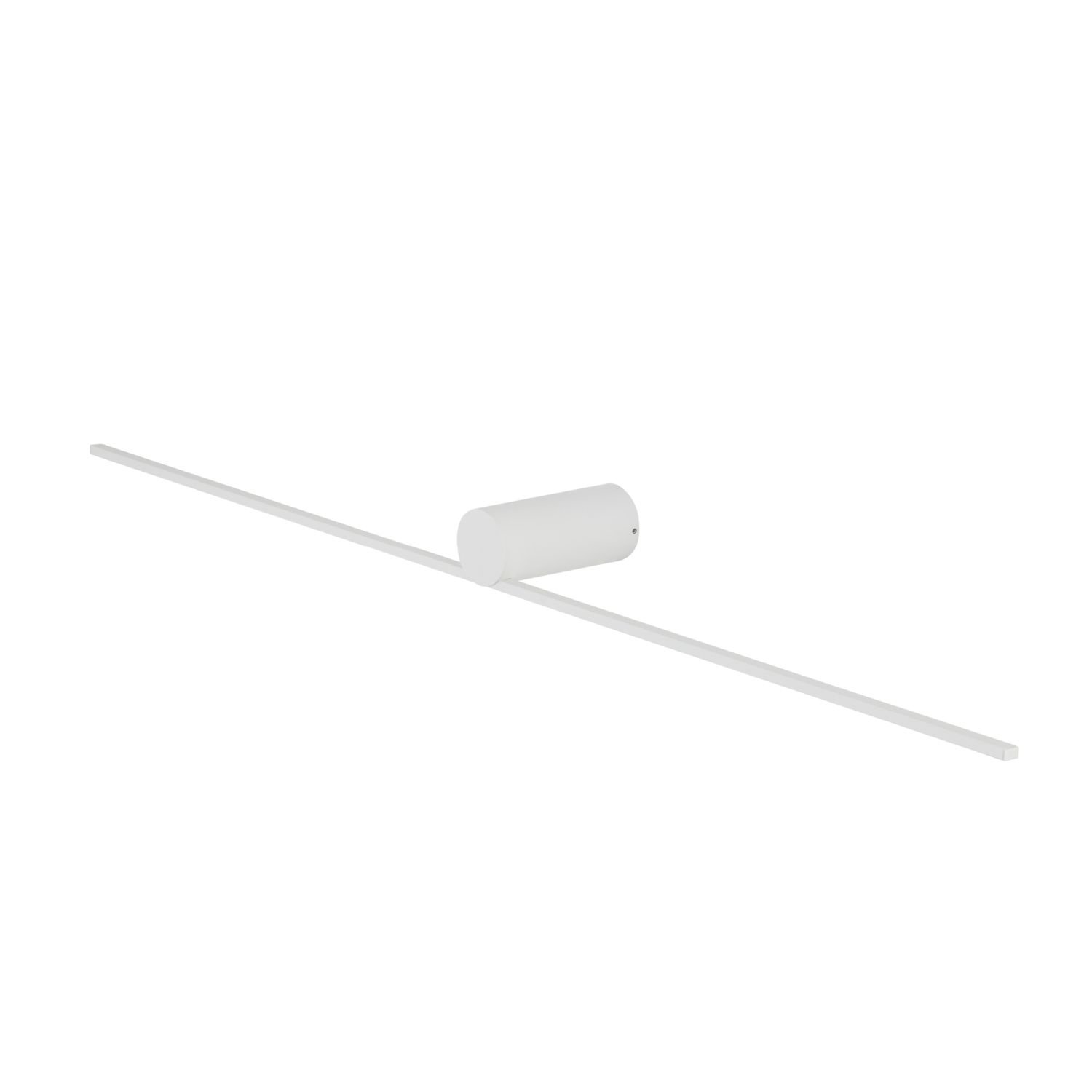 Na obrazie widoczna jest nowoczesna lampa ścienna LED o prostym, minimalistycznym designie, składająca się z długiego, cienkiego pręta i cylindrycznego elementu montażowego w kolorze białym.