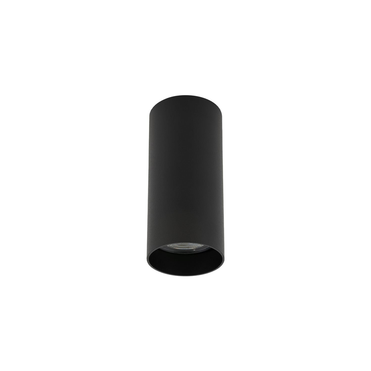 Cylindryczna, czarna lampa natynkowa z widocznym źródłem światła na dole. Lampa ma nowoczesny design i jednolitą powierzchnię.