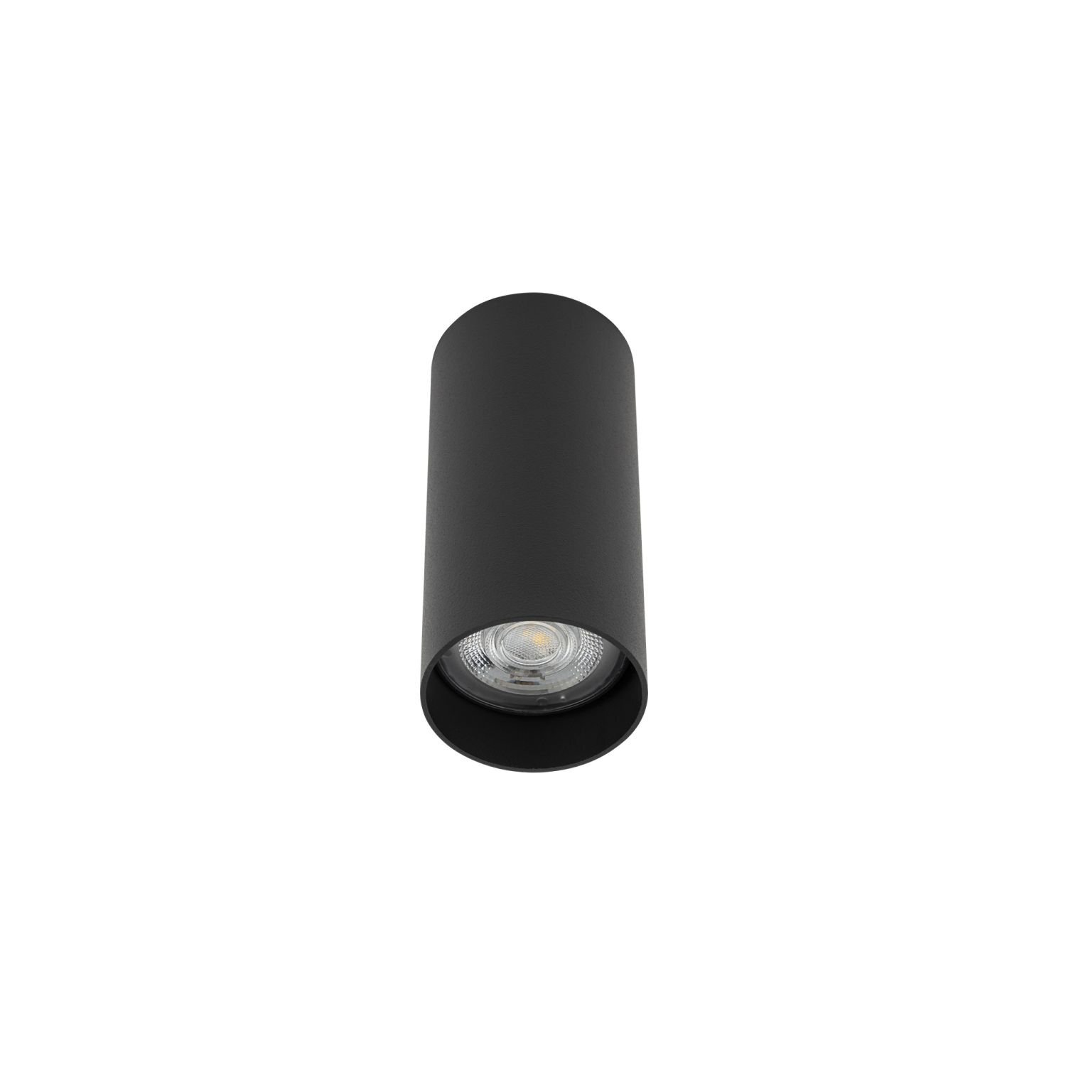 Cylindryczna, czarna lampa natynkowa z widocznym źródłem światła wewnątrz. Lampa ma nowoczesny design i jest przeznaczona do montażu sufitowego.
