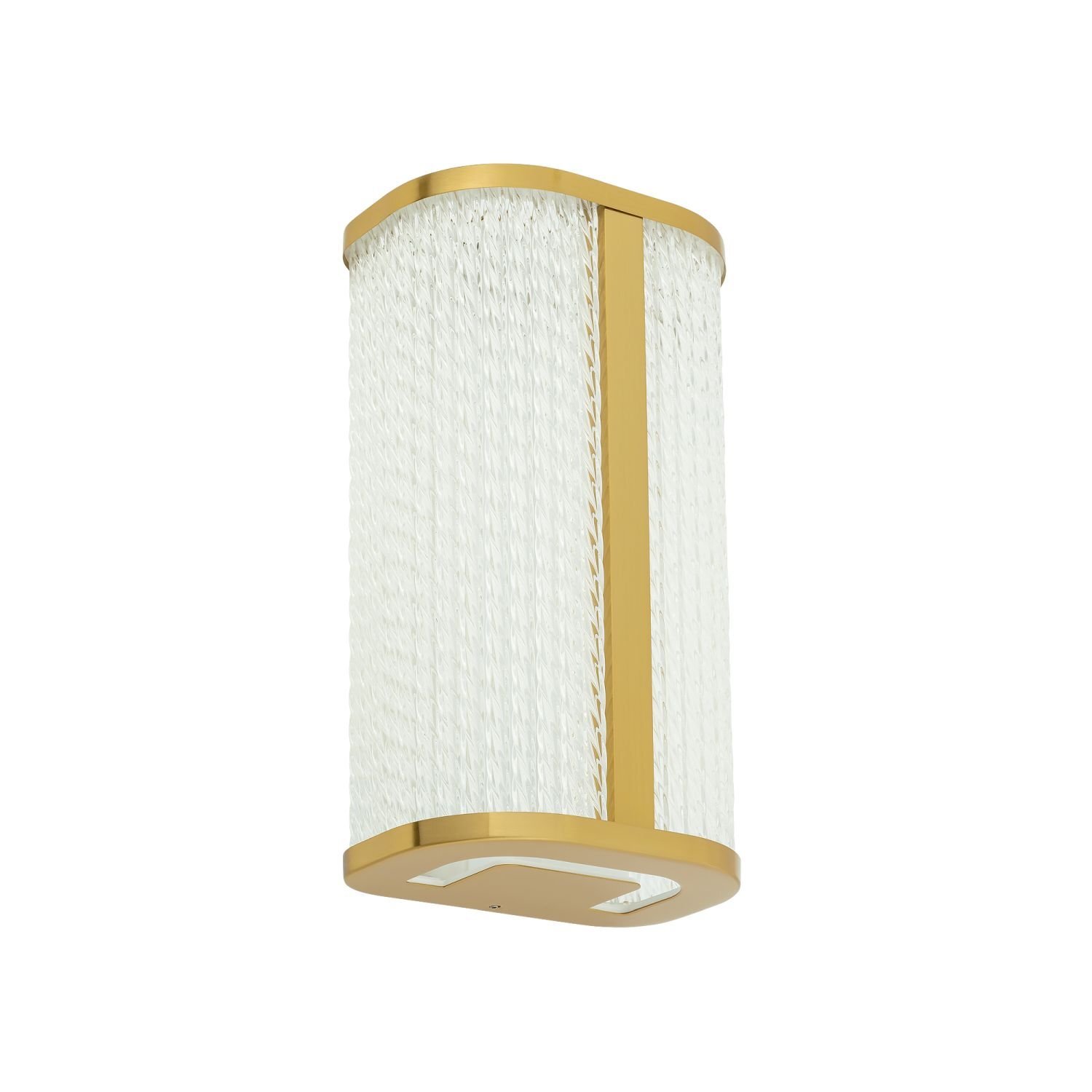 Lampa ścienna LED o nowoczesnym designie, z przezroczystym kloszem i złotymi elementami wykończenia.