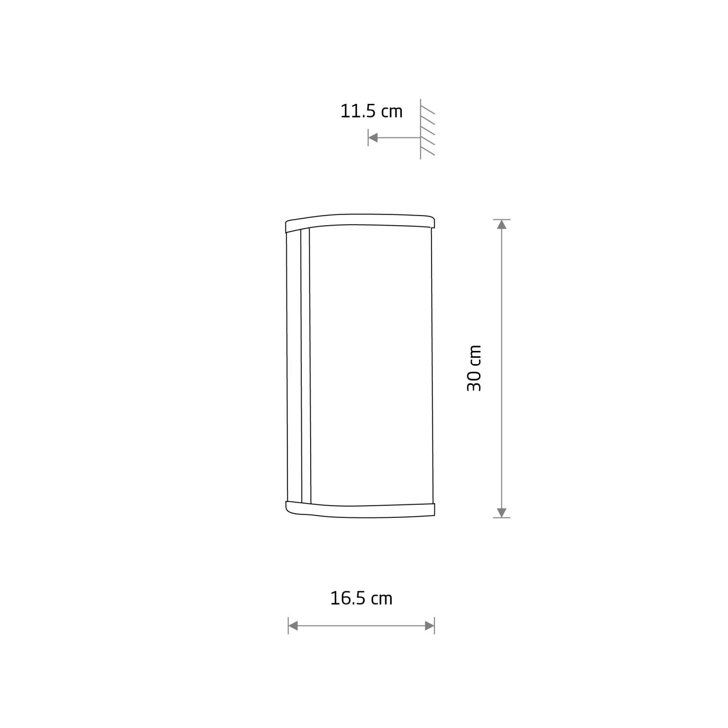 Schemat lampy ściennej z wymiarami: wysokość 30 cm, szerokość 16.5 cm, głębokość 11.5 cm.