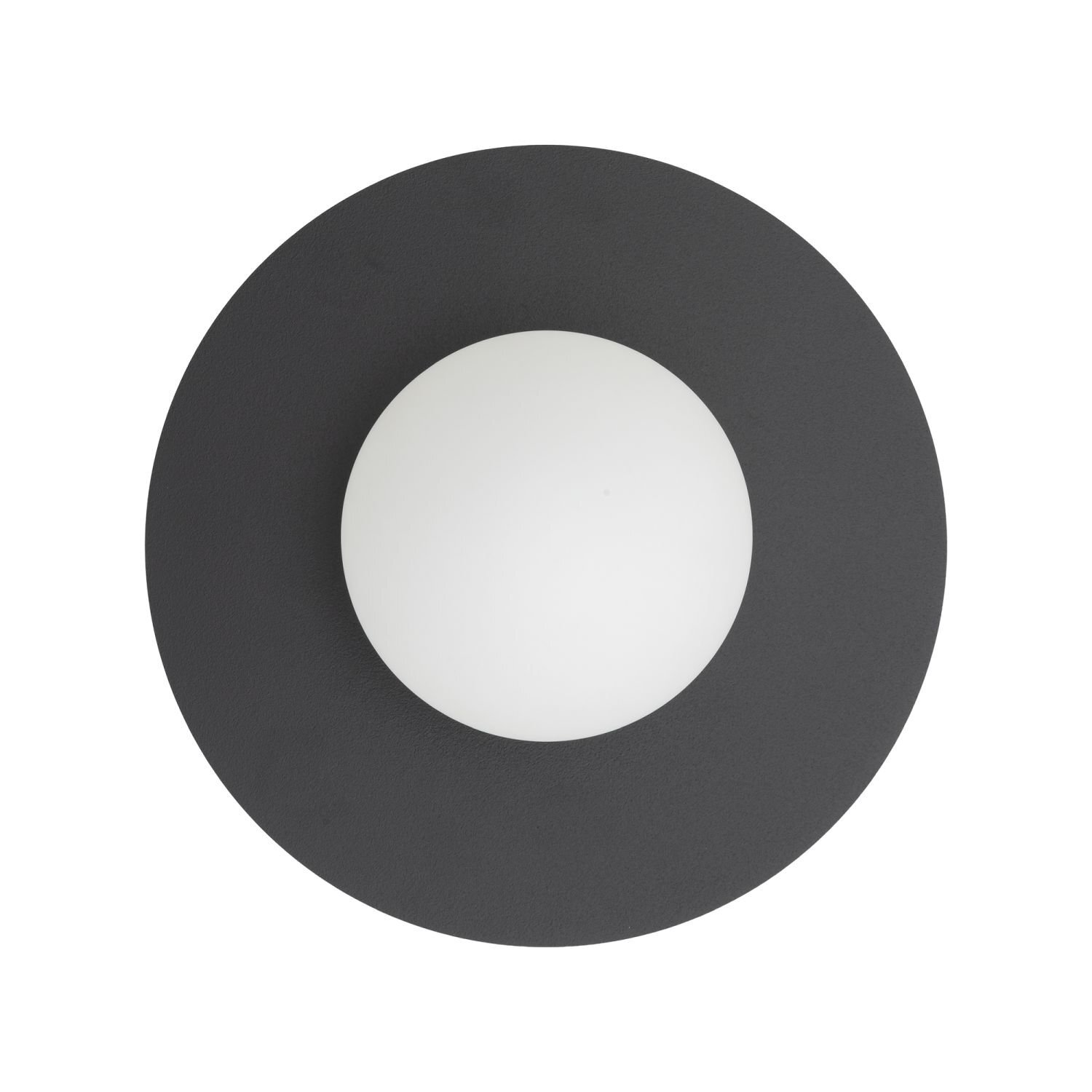 Lampa ścienna o okrągłym kształcie z białym kloszem i ciemnym obramowaniem.