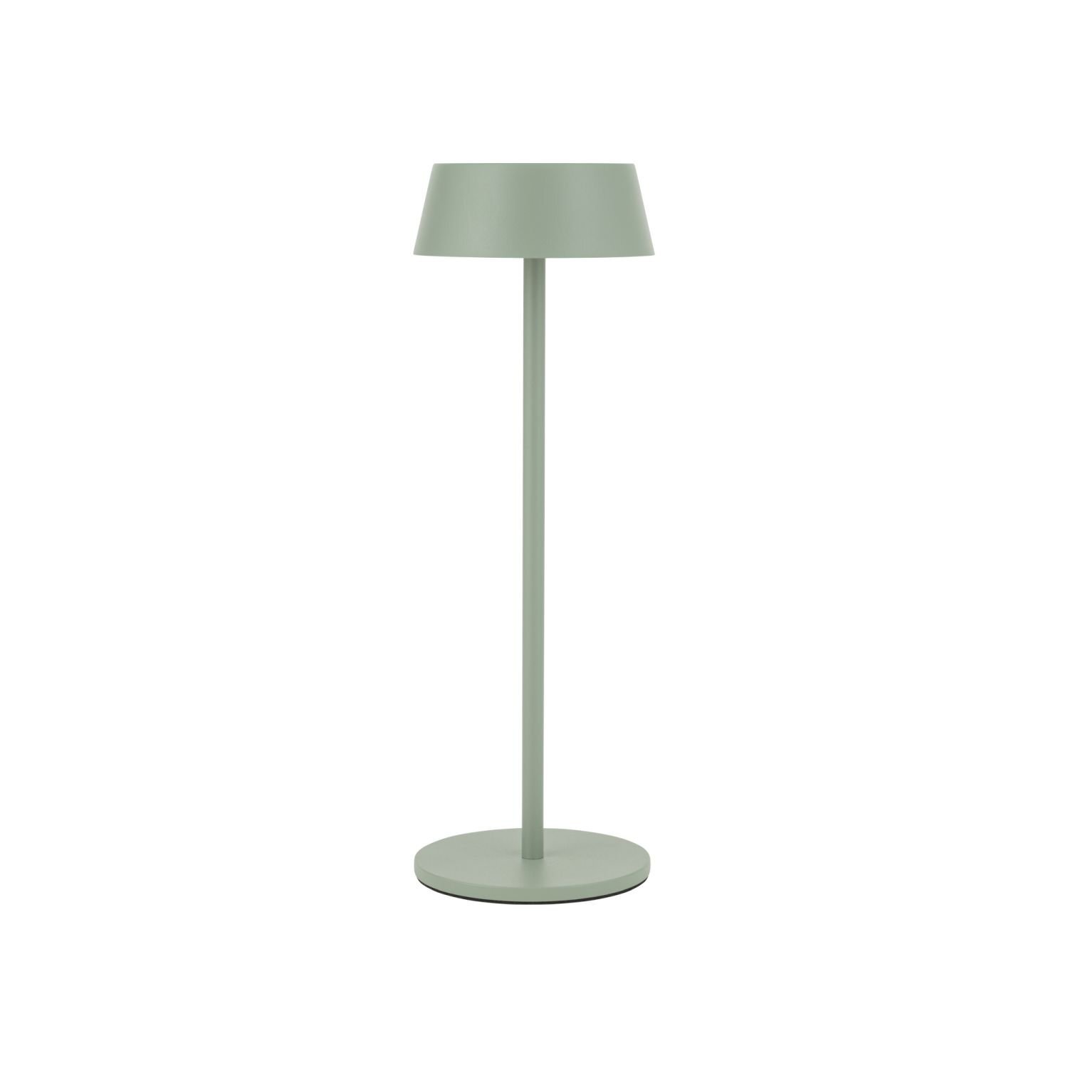 Na obrazie widoczna jest przenośna lampa zewnętrzna LED o prostym, nowoczesnym designie, w kolorze jasnej zieleni. Lampa ma okrągłą podstawę, smukły trzon i stożkowy klosz.