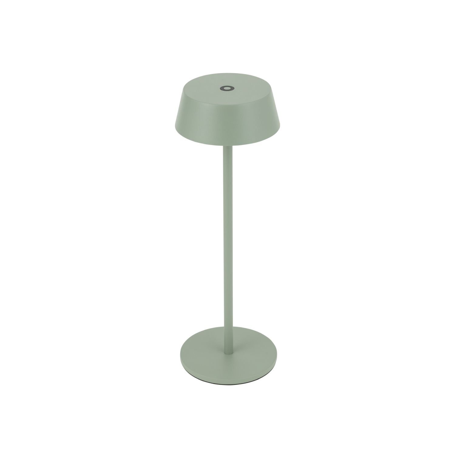 Na obrazie widoczna jest przenośna lampa zewnętrzna LED o prostym, nowoczesnym designie w kolorze jasnej zieleni. Lampa ma okrągłą podstawę, smukły trzon i klosz w kształcie stożka.