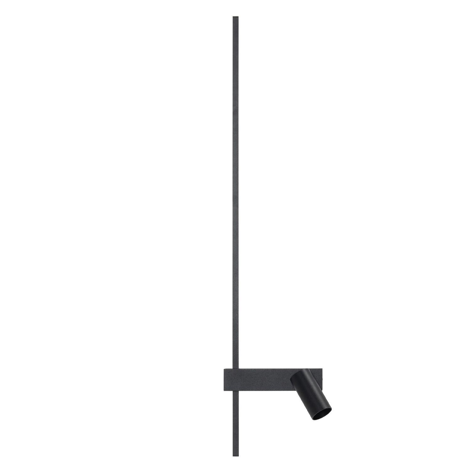 Czarna, nowoczesna lampa ścienna z reflektorem, składająca się z pionowego pręta i poziomego elementu z zamocowanym reflektorem. Lampa ma minimalistyczny design.