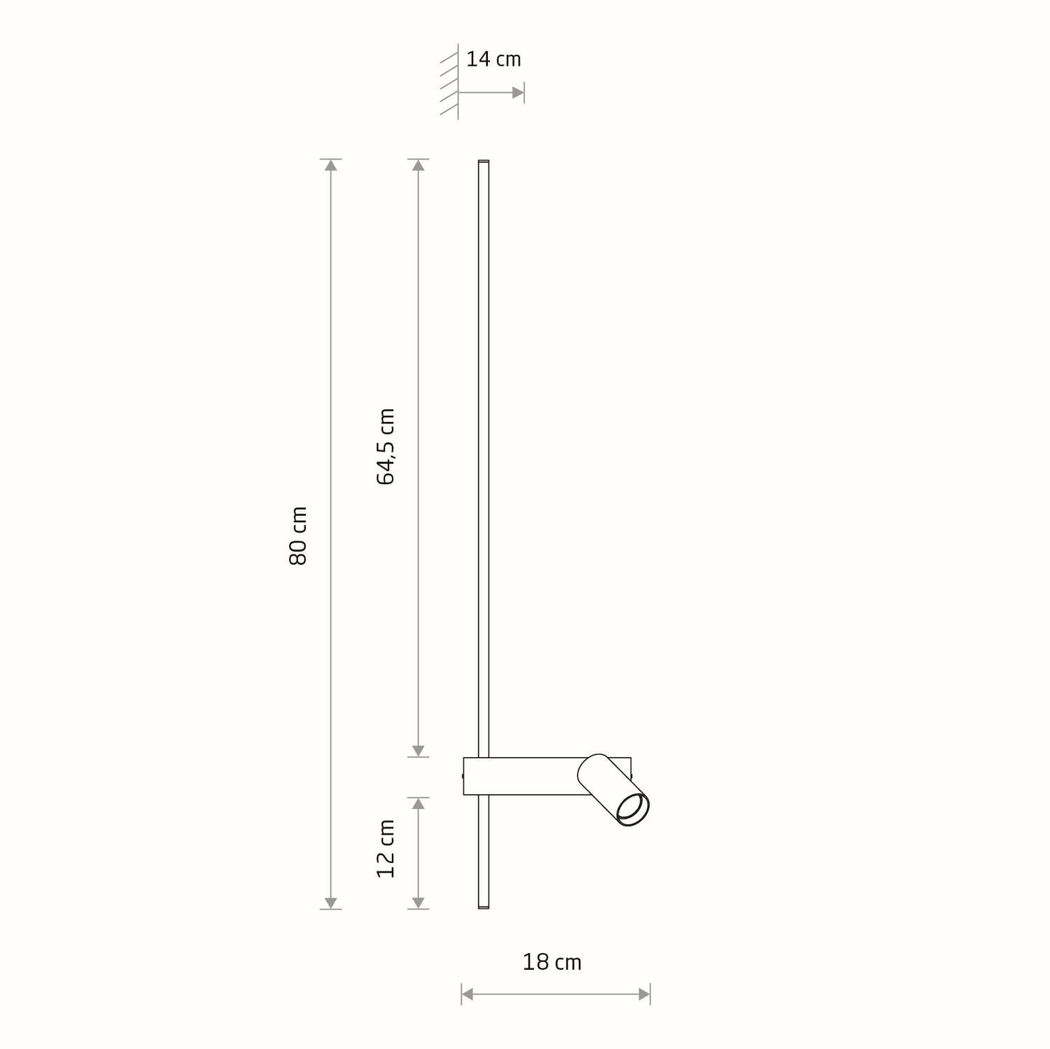 Schematyczny rysunek lampy ściennej z reflektorem, z wymiarami: 80 cm wysokości, 18 cm szerokości, 64,5 cm i 12 cm odległości od ściany oraz 14 cm głębokości montażu.