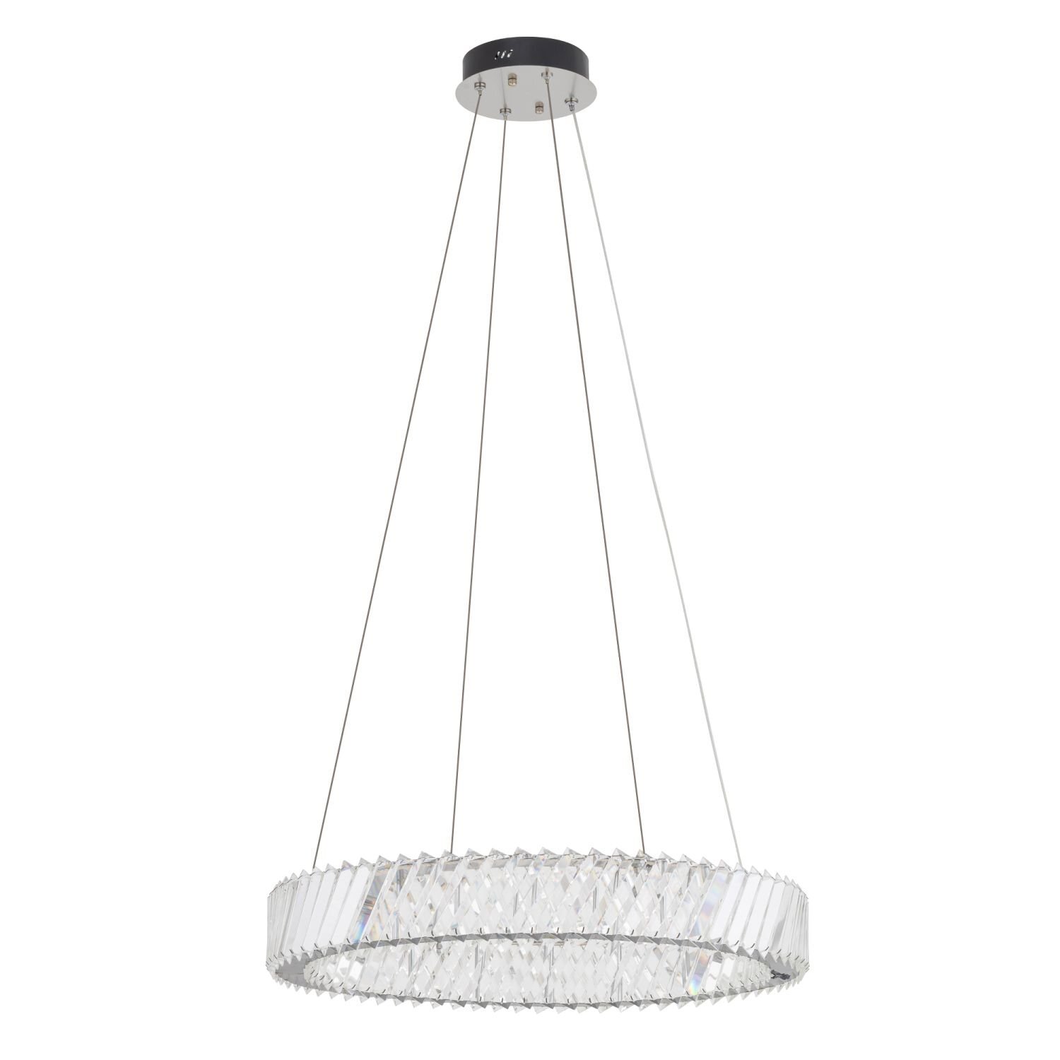 Lampa wisząca LED o okrągłym kształcie z przezroczystymi elementami dekoracyjnymi, zawieszona na cienkich linkach. Górna część lampy jest czarna z widocznym logo \'W\'.
