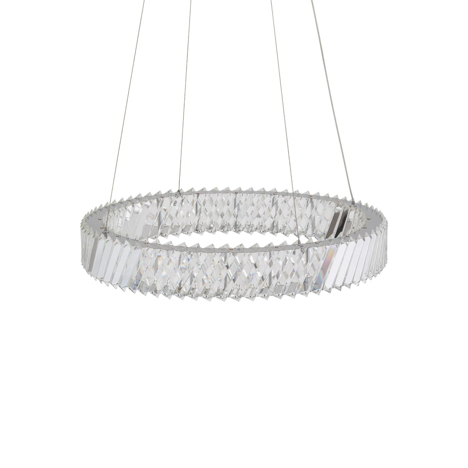 Na obrazie widoczna jest okrągła lampa wisząca z przezroczystymi, kryształowymi elementami. Lampa jest zawieszona na cienkich metalowych linkach.