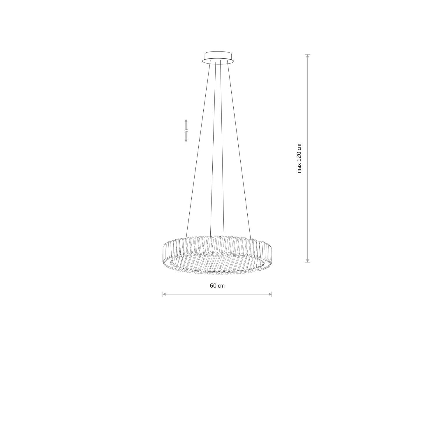 Schemat lampy wiszącej LED z okrągłym kloszem o średnicy 80 cm, zawieszonej na czterech przewodach. Maksymalna wysokość lampy wynosi 120 cm.
