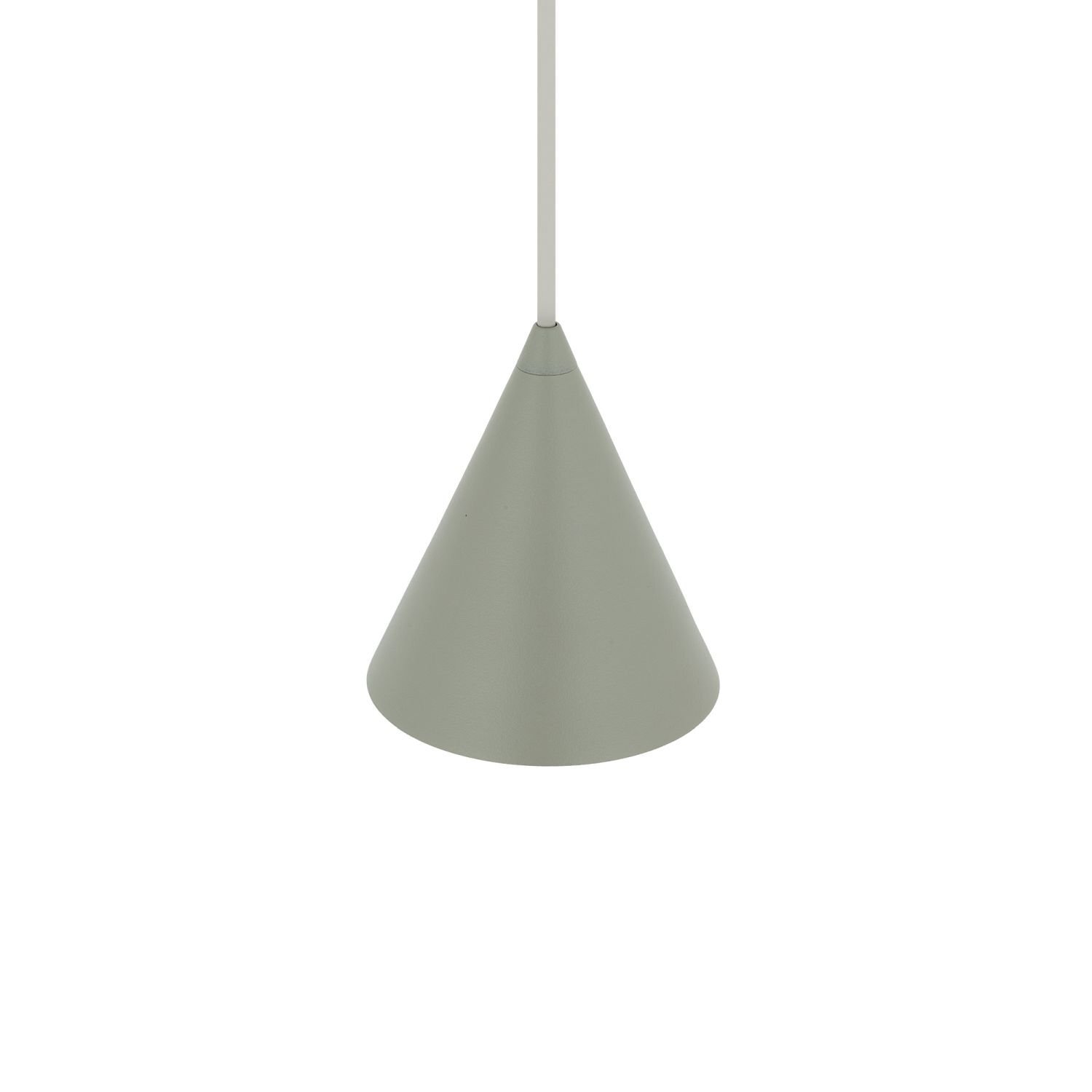 Na obrazie widoczna jest lampa wisząca o stożkowym kształcie w jednolitym, jasnym kolorze. Lampa jest zawieszona na cienkim przewodzie.