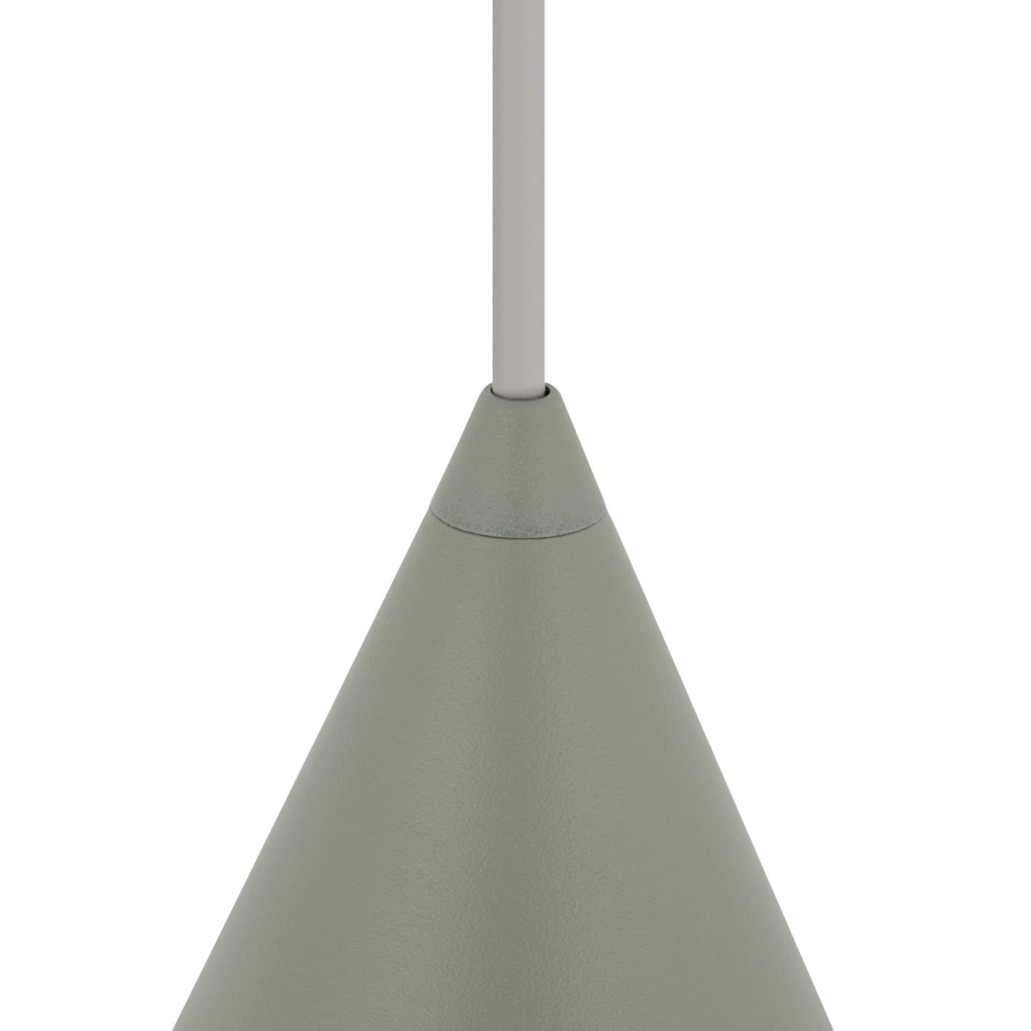 Zdjęcie przedstawia zbliżenie na górną część lampy wiszącej w kształcie stożka, w kolorze szarym. Lampa jest zawieszona na prostym przewodzie.