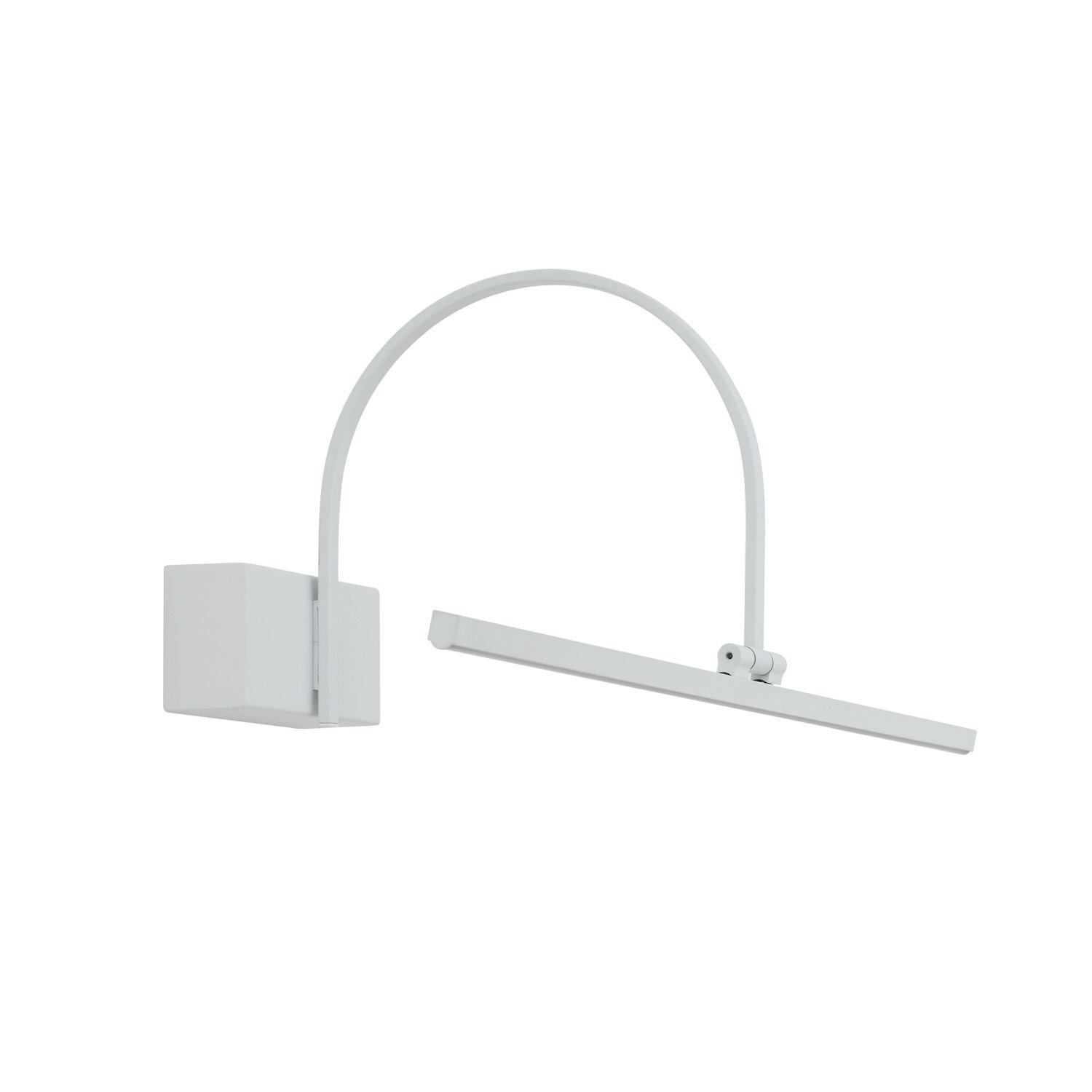 Na obrazie widoczna jest biała lampa do podświetlania obrazów z prostokątną podstawą i zakrzywionym ramieniem. Lampa ma minimalistyczny design i jest przeznaczona do montażu na ścianie.