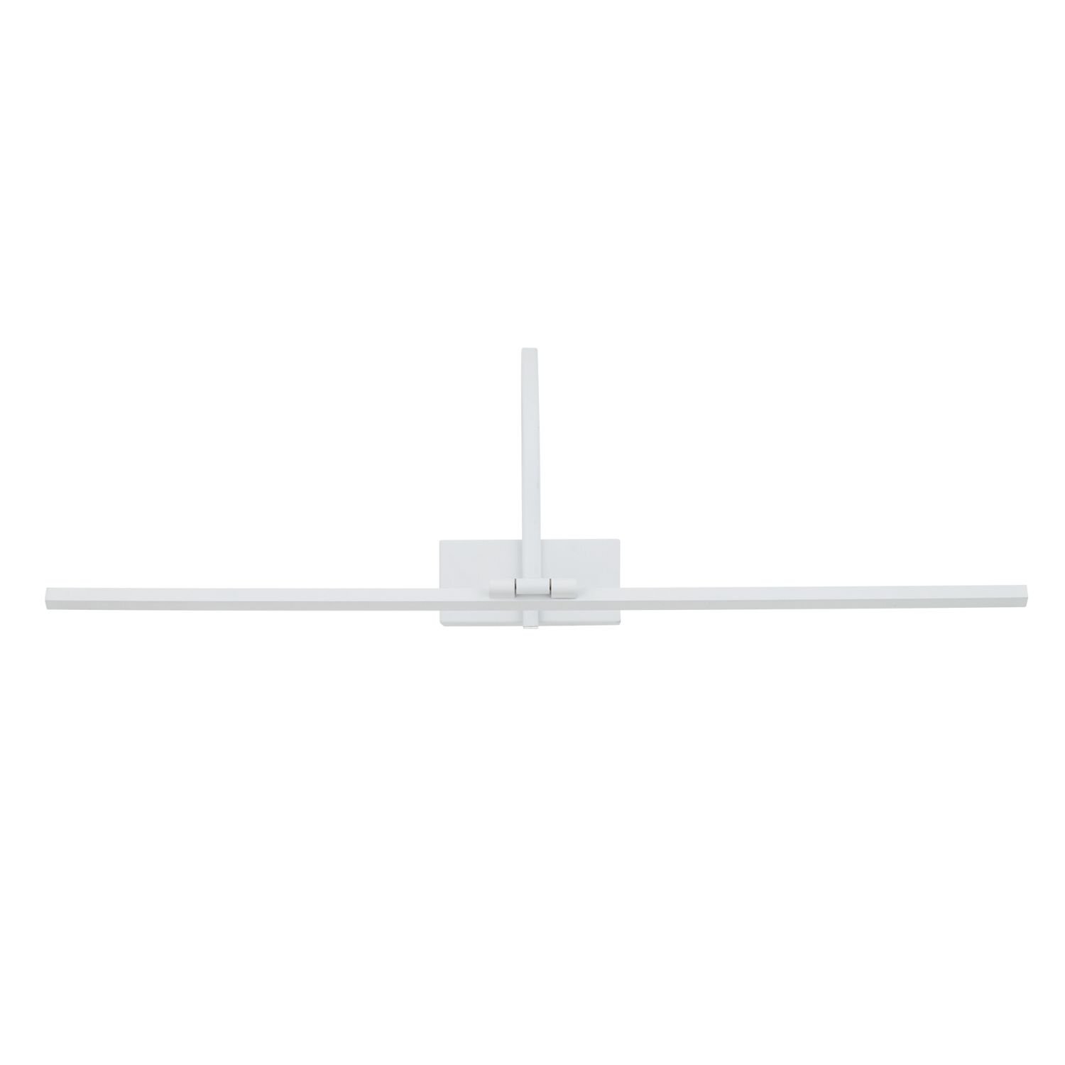 Biała lampa do podświetlania obrazów z prostokątną podstawą i długim, poziomym ramieniem. Lampa ma minimalistyczny design i jest przeznaczona do montażu na ścianie.