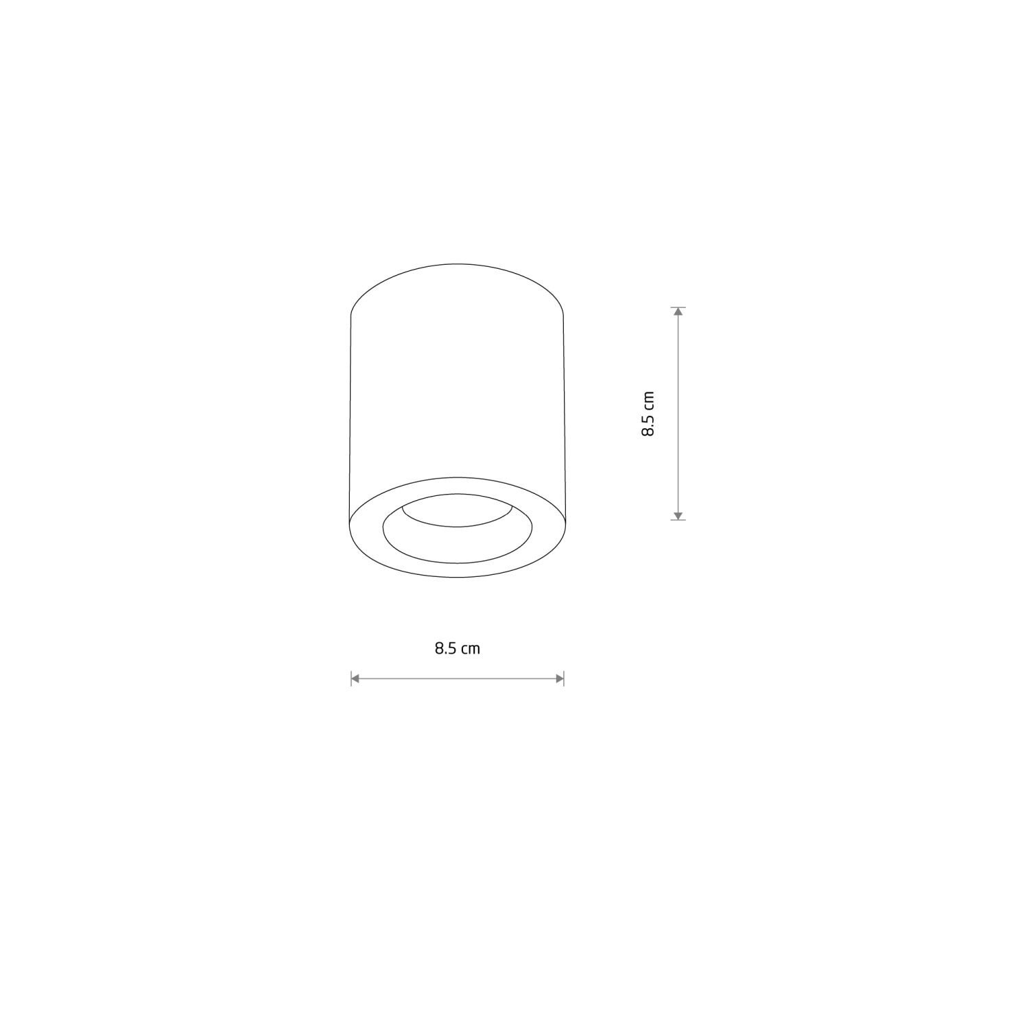 Schematyczny rysunek cylindrycznej oprawy natynkowej z wymiarami 8,5 cm na 8,5 cm.