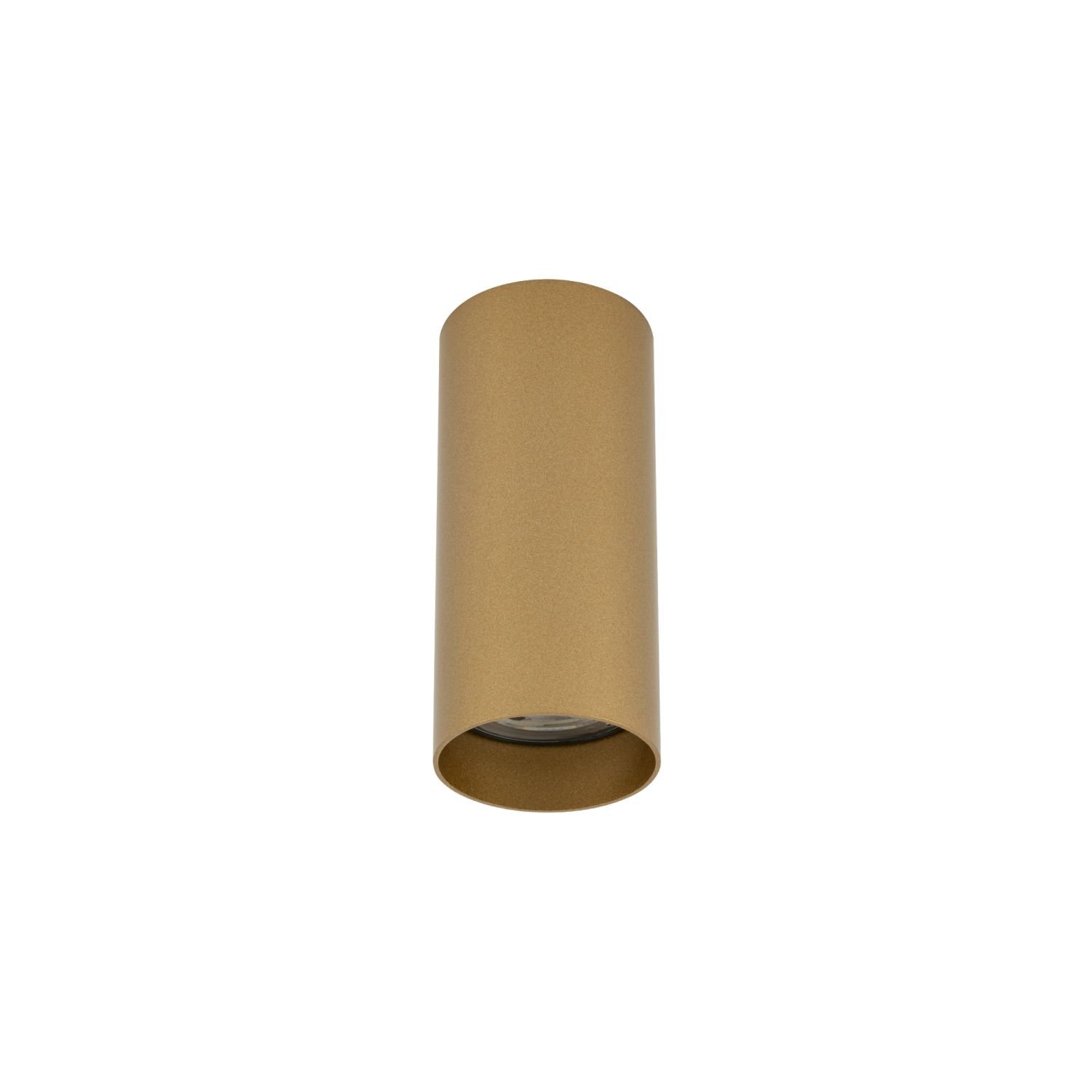 Cylindryczna lampa natynkowa w kolorze złotym, z widocznym źródłem światła wewnątrz. Lampa ma nowoczesny design i jednolitą powierzchnię.