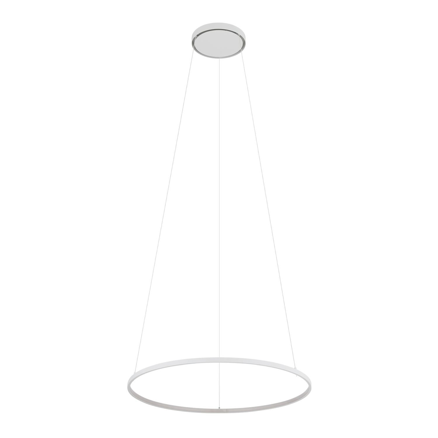Na obrazie widoczna jest nowoczesna lampa wisząca w kształcie okręgu, zawieszona na cienkich linkach. Lampa ma minimalistyczny design i jest w kolorze białym.