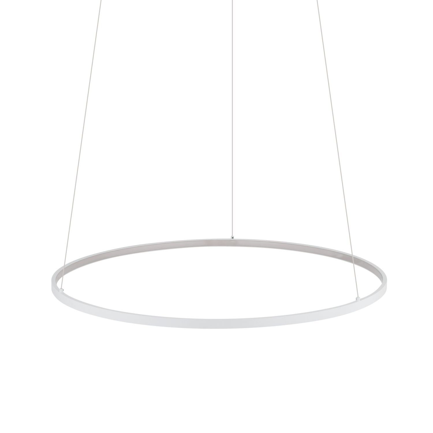 Na obrazie widoczna jest nowoczesna lampa wisząca w kształcie okręgu, zawieszona na cienkich linkach. Lampa ma minimalistyczny design i jednolity kolor.