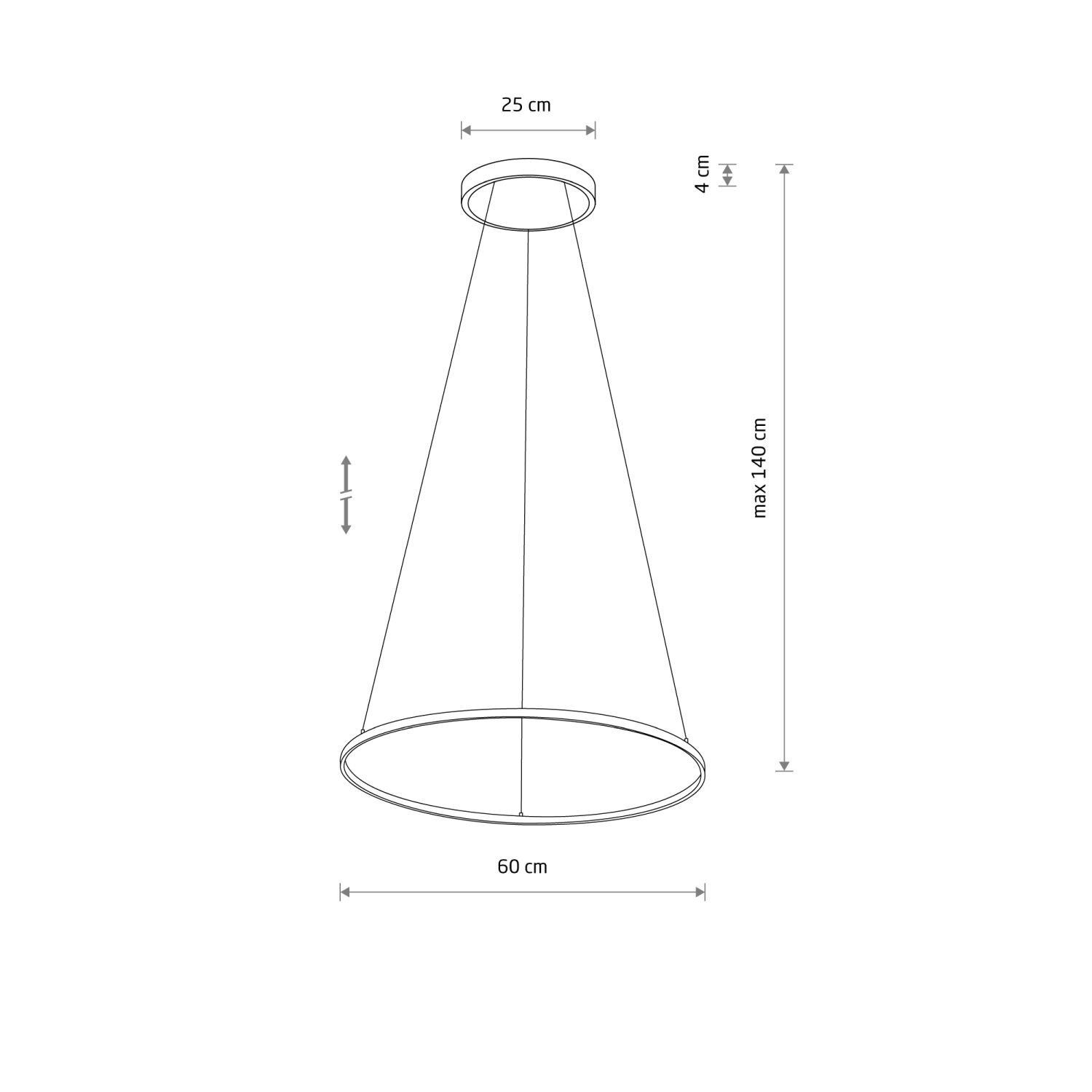 Schematyczny rysunek lampy wiszącej z wymiarami: średnica górnej części 25 cm, wysokość 4 cm, maksymalna długość 140 cm, średnica dolnej części 60 cm.