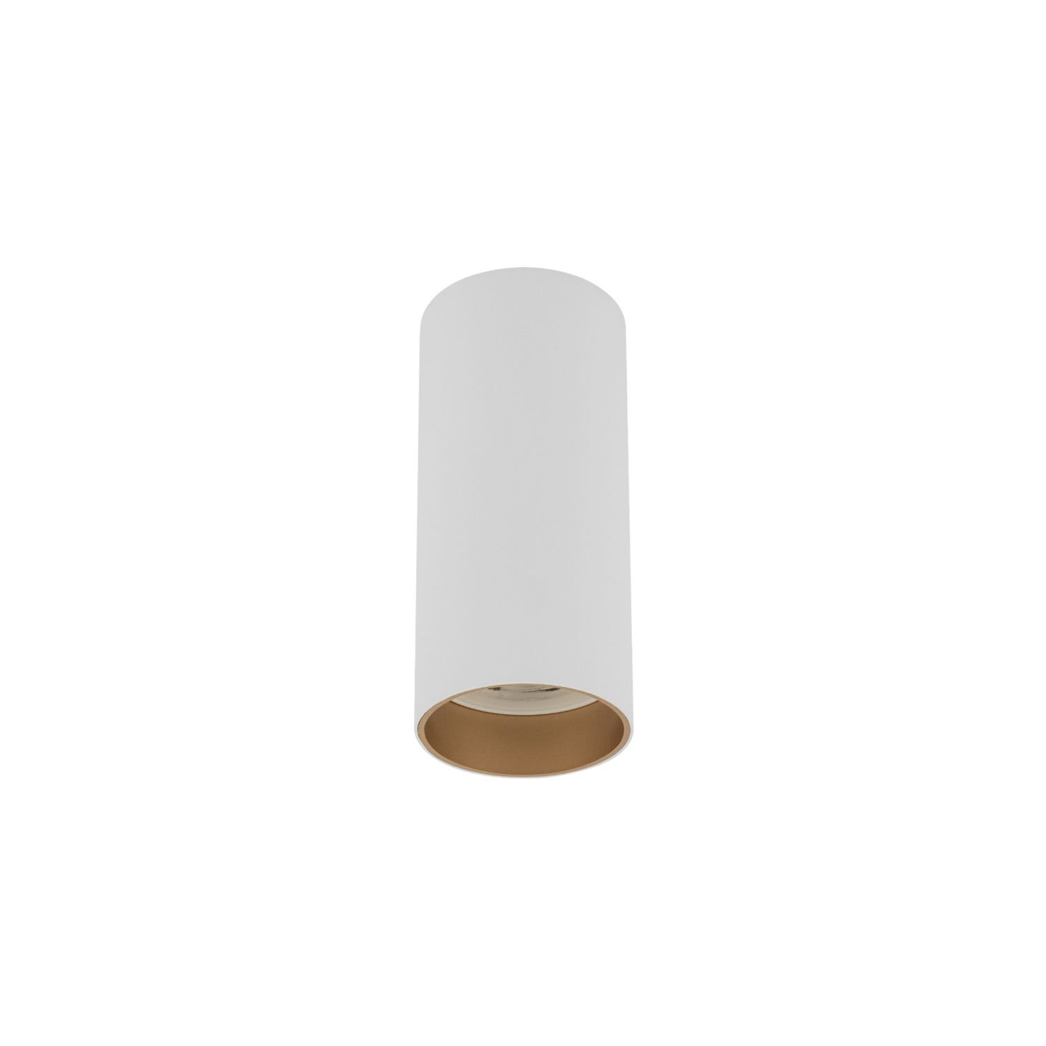 Biała, cylindryczna lampa natynkowa z widocznym wnętrzem w kolorze złotym. Lampa ma nowoczesny design i jest przeznaczona do montażu sufitowego.