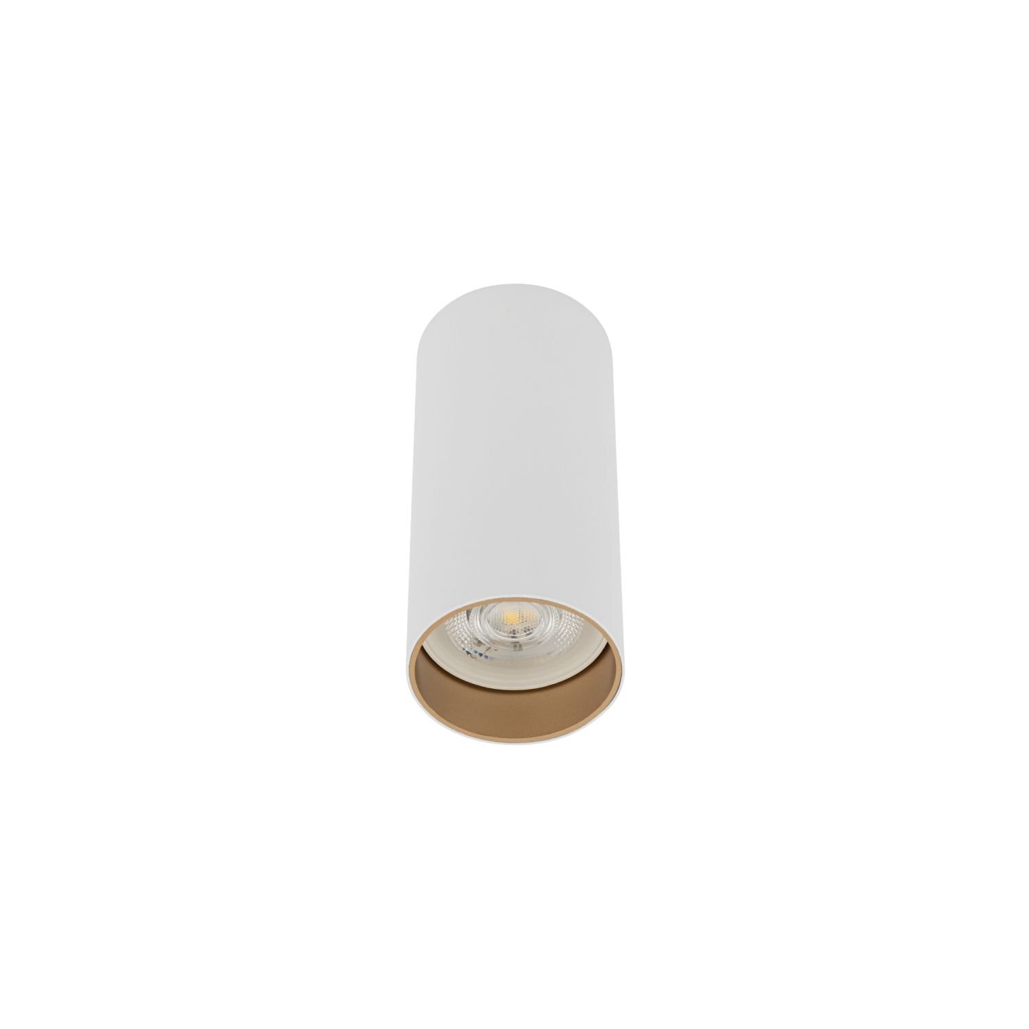 Biała, cylindryczna lampa natynkowa z widocznym źródłem światła wewnątrz. Lampa ma prosty, nowoczesny design.
