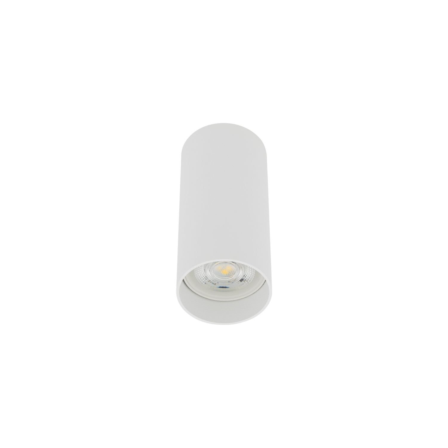 Biała, cylindryczna lampa natynkowa z widocznym źródłem światła wewnątrz. Lampa ma prosty, nowoczesny design.