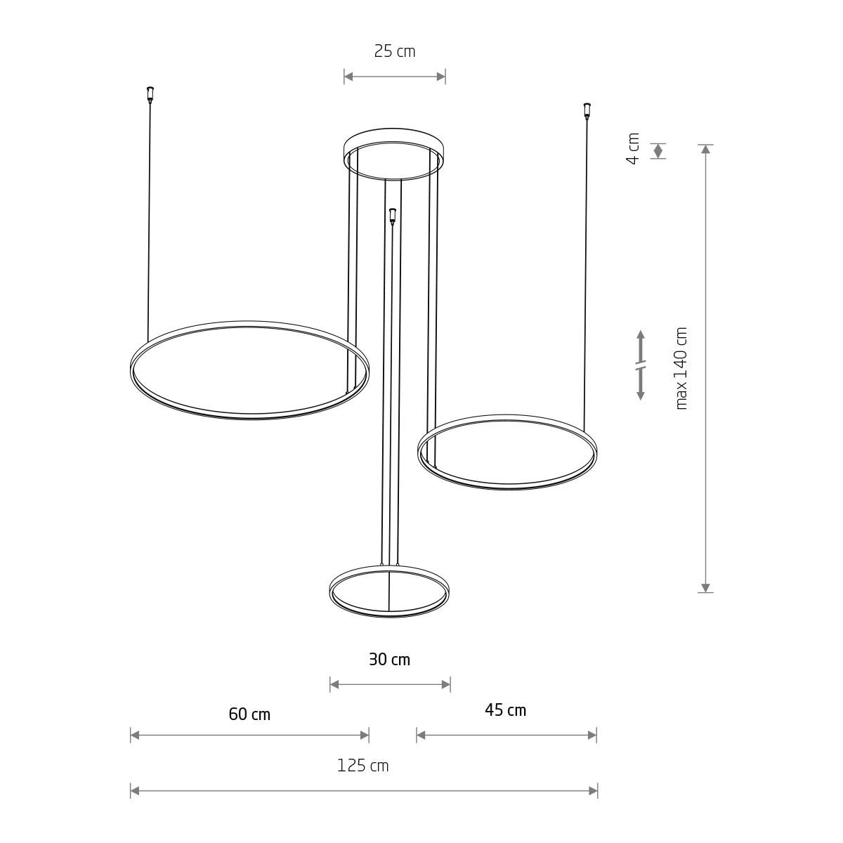 Schemat lampy wiszącej z trzema okrągłymi elementami o różnych średnicach: 60 cm, 45 cm i 30 cm. Wymiary całkowite to 125 cm szerokości i maksymalna wysokość 140 cm.