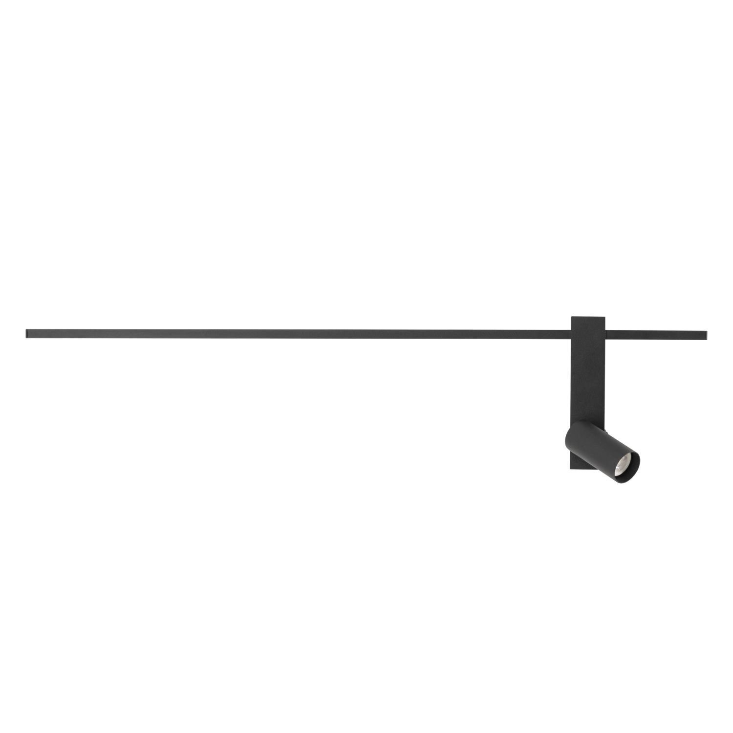 Czarna, nowoczesna lampa ścienna z reflektorem w kształcie walca, zamontowana na długim, poziomym ramieniu. Produkt ma minimalistyczny design i jest przeznaczony do montażu na ścianie.