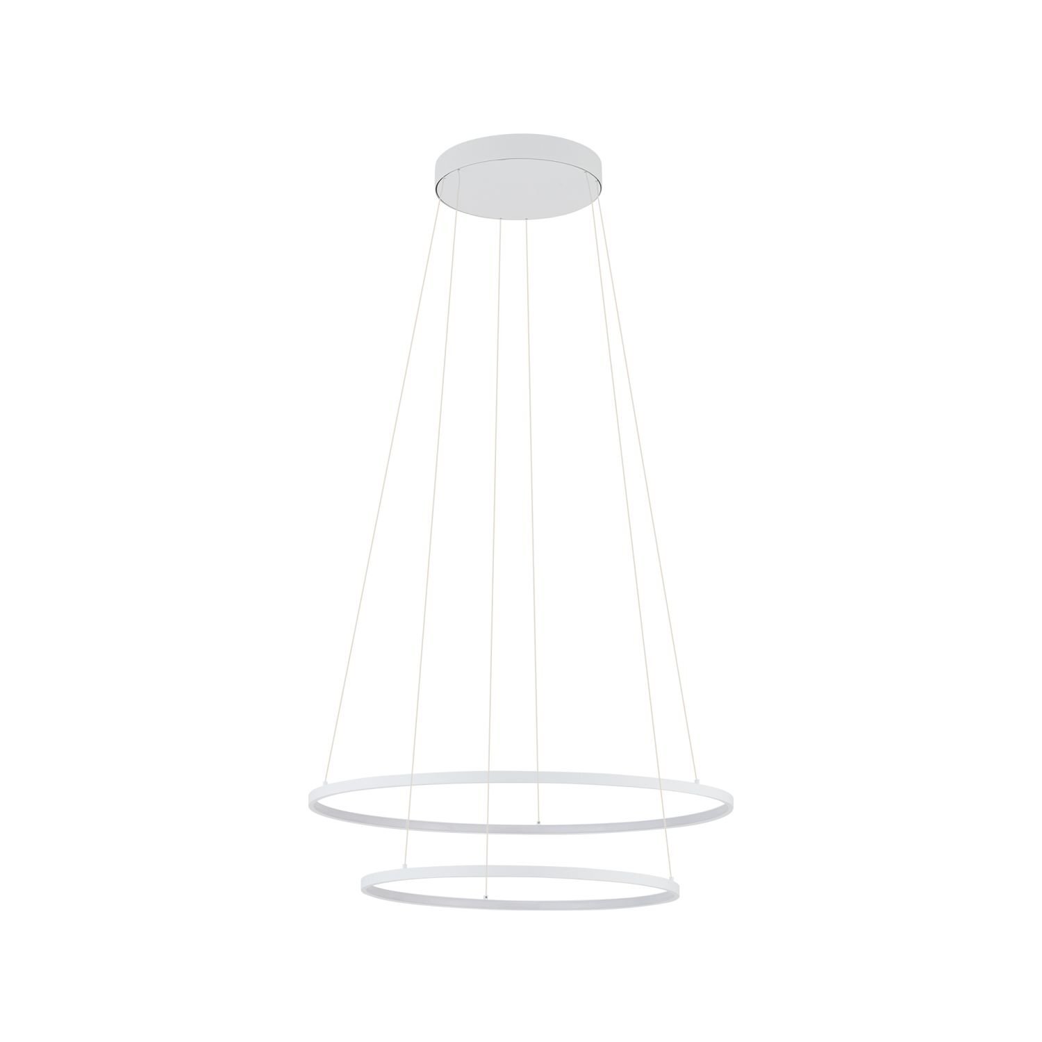 Na obrazie widoczna jest nowoczesna lampa wisząca z dwoma okrągłymi pierścieniami zawieszonymi na cienkich linkach. Lampa ma minimalistyczny design i jest w kolorze białym.