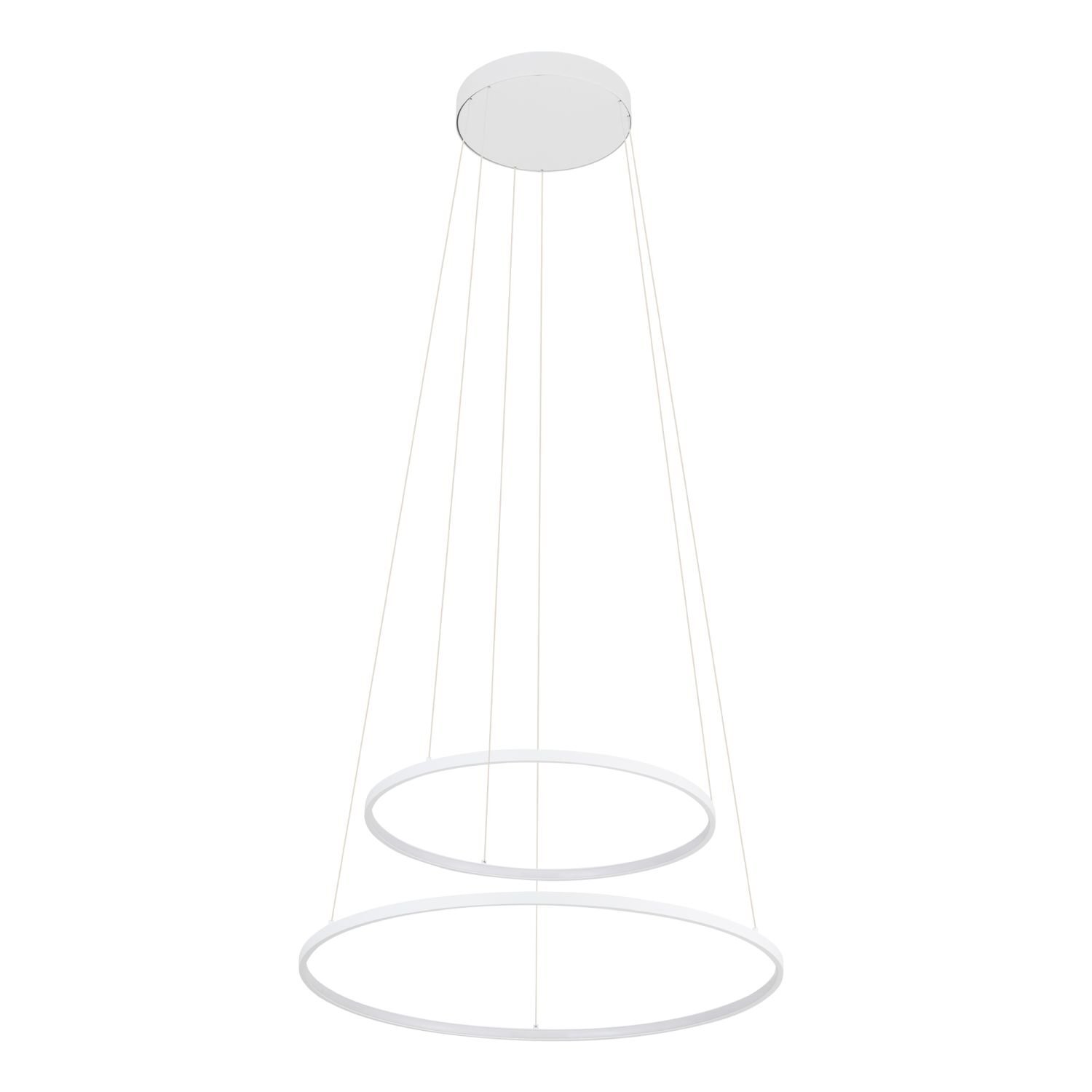 Na obrazie widoczna jest nowoczesna lampa wisząca z dwoma okrągłymi pierścieniami zawieszonymi na cienkich linkach. Lampa ma biały kolor i prosty, minimalistyczny design.