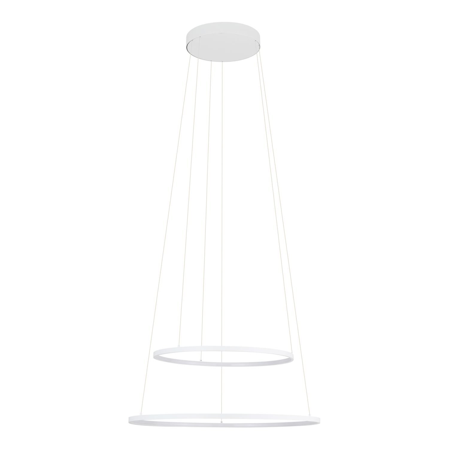 Na obrazie widoczna jest nowoczesna lampa wisząca LED z dwoma okrągłymi pierścieniami zawieszonymi na cienkich linkach. Lampa ma minimalistyczny design i jest w kolorze białym.