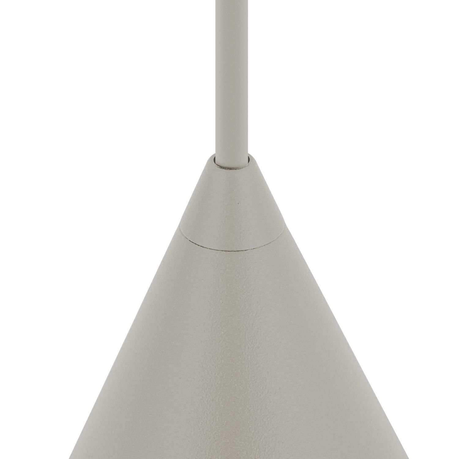 Obraz przedstawia zbliżenie na górną część lampy wiszącej w kształcie stożka, w kolorze jasnoszarym. Lampa ma gładką powierzchnię i prosty, nowoczesny design.