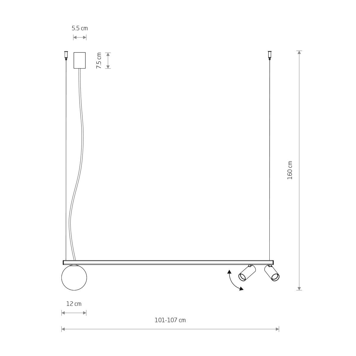 Schemat techniczny lampy wiszącej z reflektorami, z wymiarami: 5,5 cm szerokości, 7,5 cm wysokości, 160 cm długości, 12 cm głębokości oraz regulowaną długością 101-107 cm.