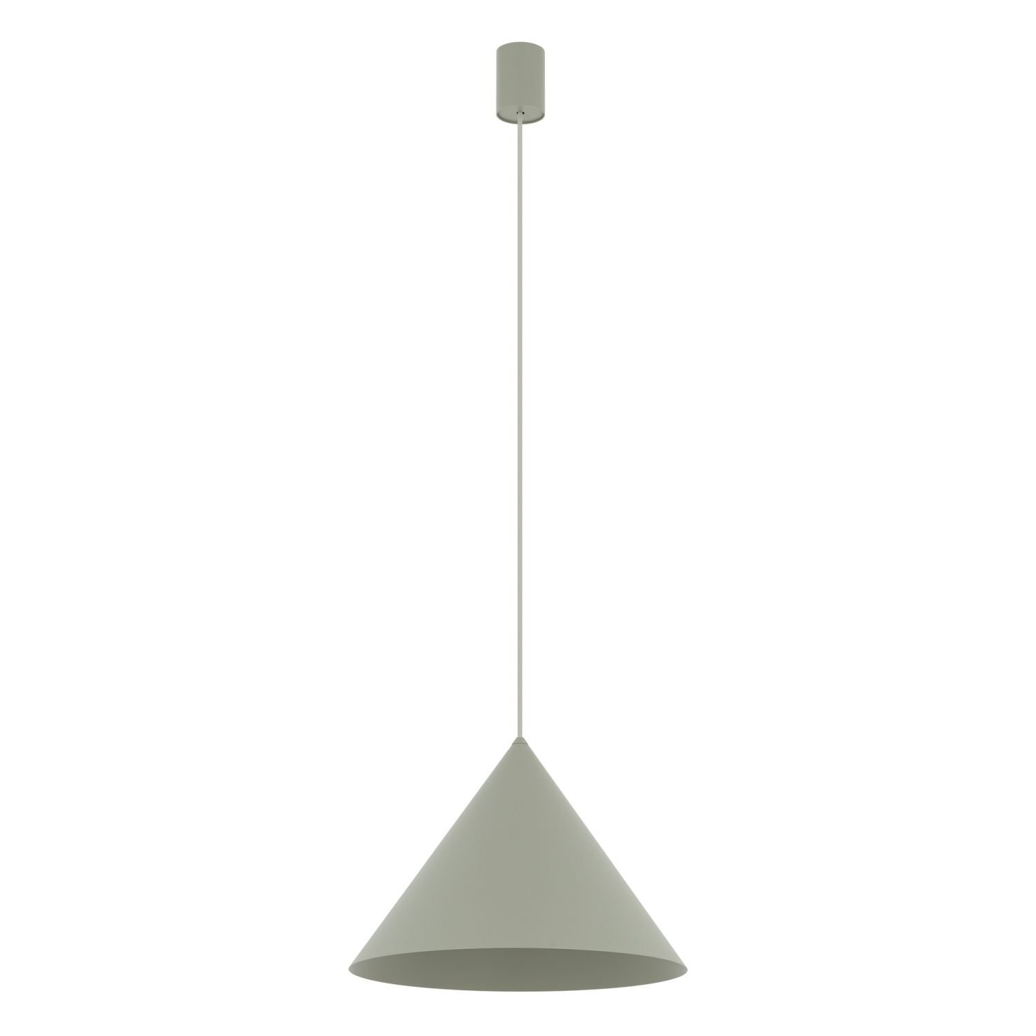 Lampa wisząca o stożkowym kloszu w jednolitym, jasnym kolorze, zawieszona na cienkim przewodzie z prostym mocowaniem sufitowym.