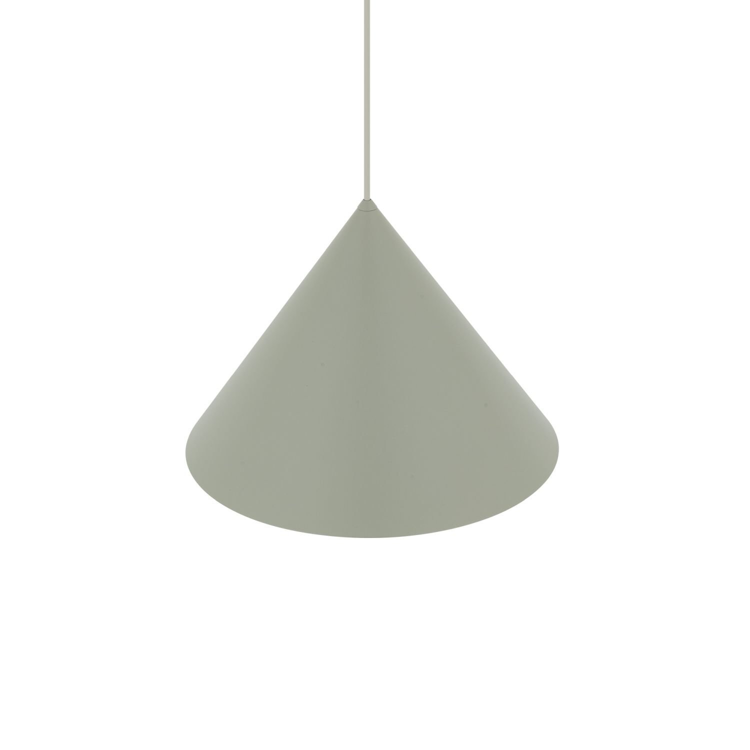 Na obrazie widoczna jest lampa wisząca o stożkowym kształcie w jednolitym, jasnym kolorze. Lampa jest zawieszona na cienkim przewodzie.