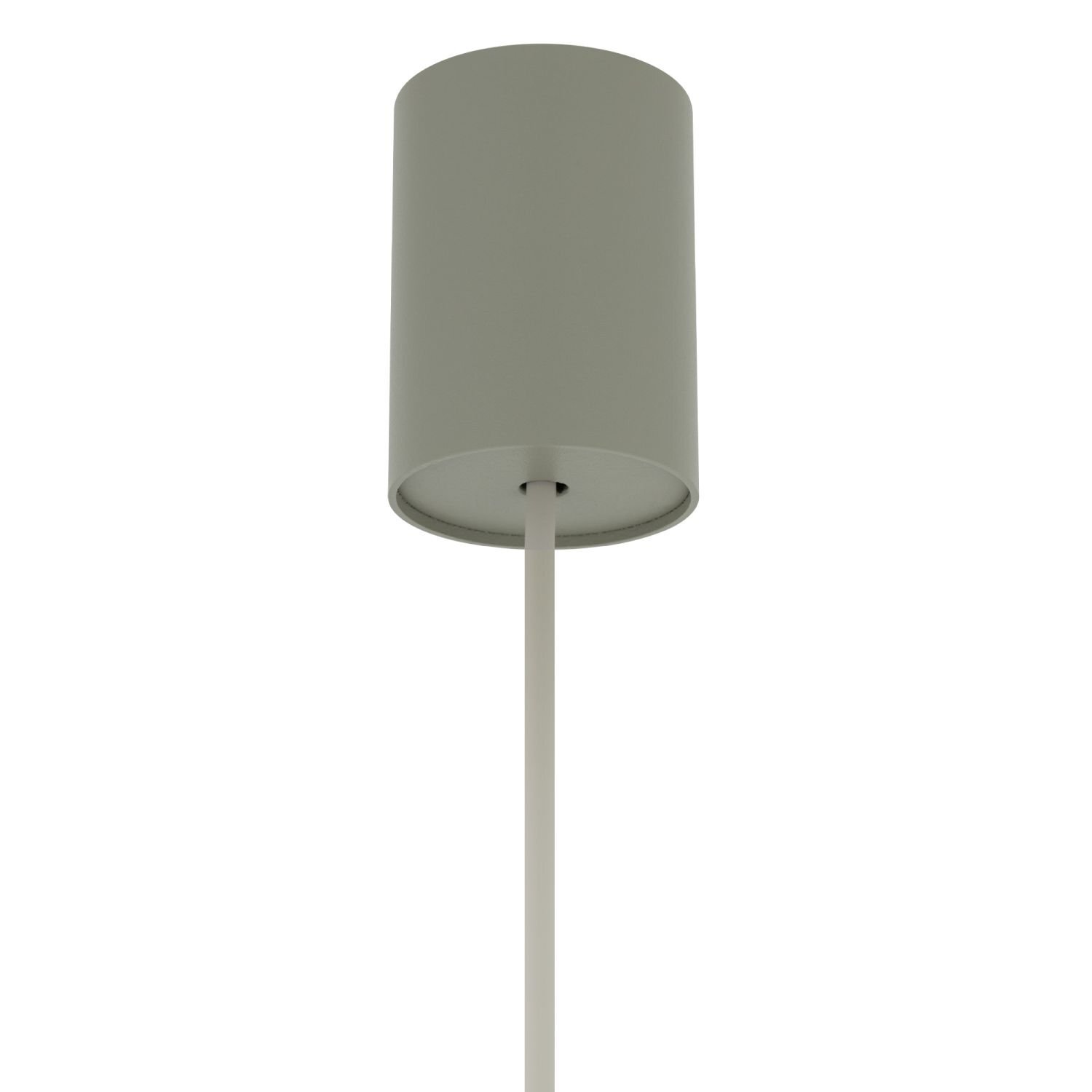Obraz przedstawia prostą, cylindryczną lampę wiszącą w jednolitym, jasnym kolorze. Lampa ma gładką powierzchnię i jest zawieszona na prostym przewodzie.