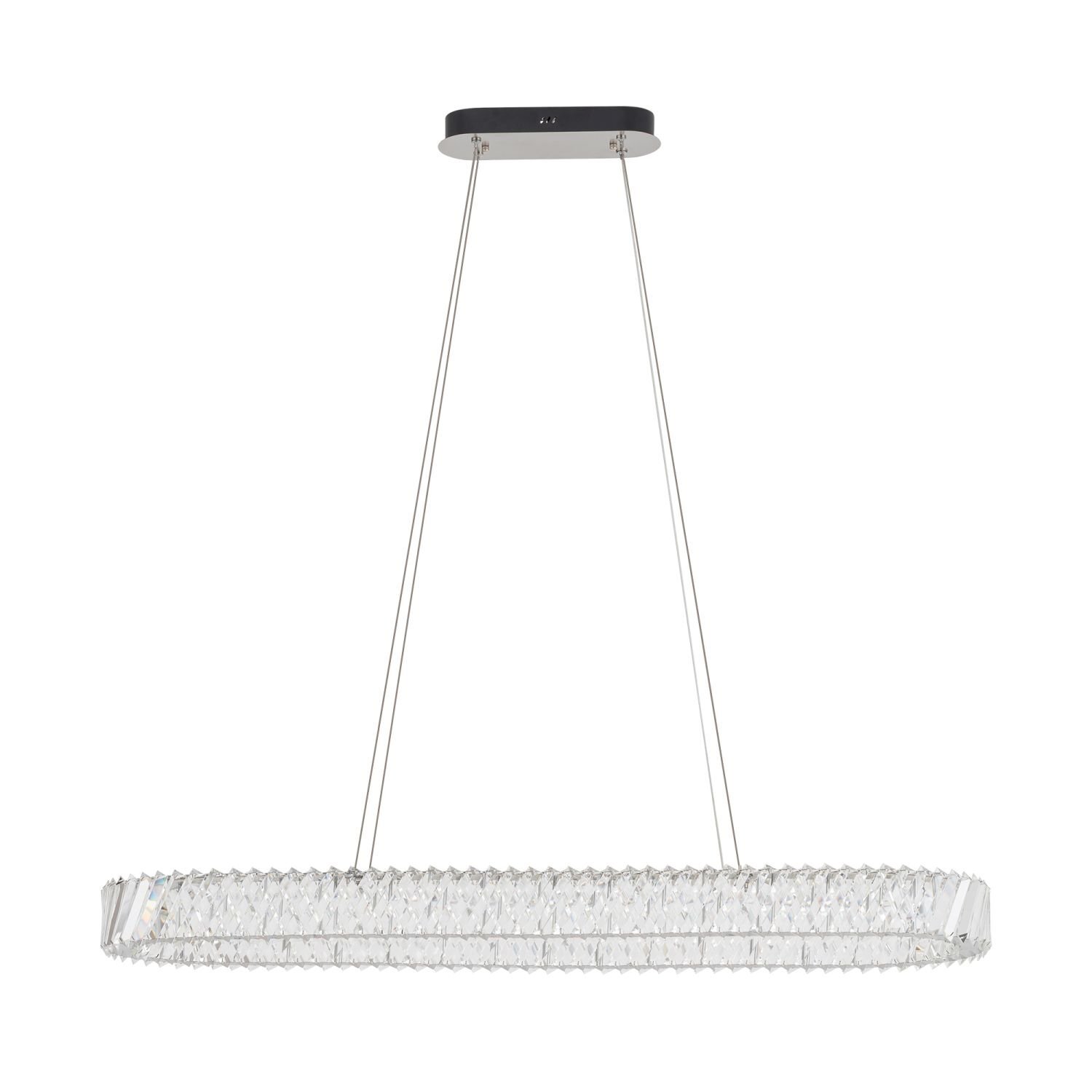 Na obrazie widoczna jest nowoczesna lampa wisząca LED o owalnym kształcie, z przezroczystym kloszem i metalowymi elementami mocującymi.