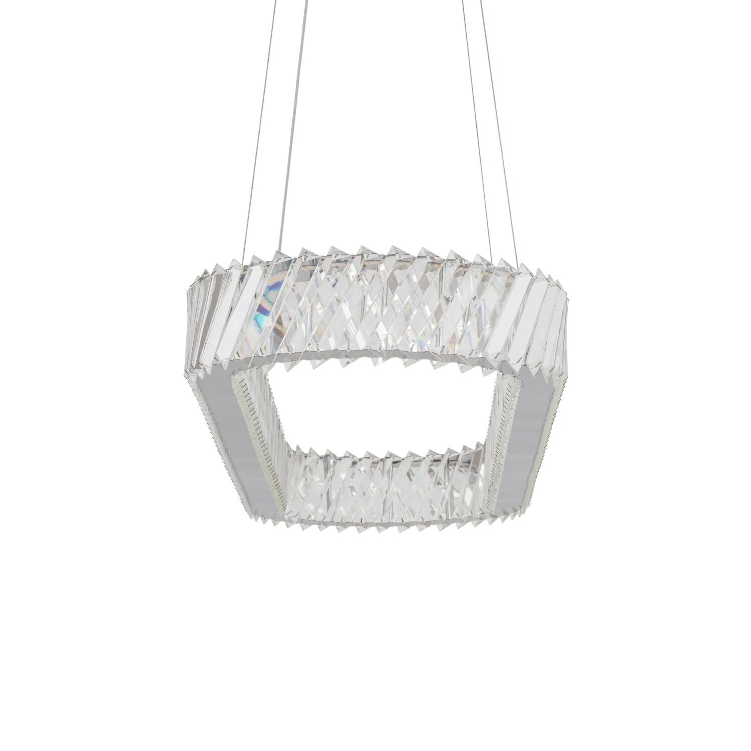 Lampa wisząca o nowoczesnym designie, wykonana z przezroczystych materiałów z geometrycznym wzorem. Zawieszona na cienkich linkach, tworzy efektowną formę świetlną.