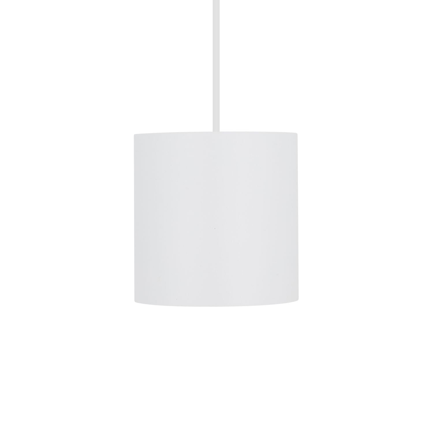 Biała, cylindryczna lampa wisząca z prostym kloszem i przewodem.