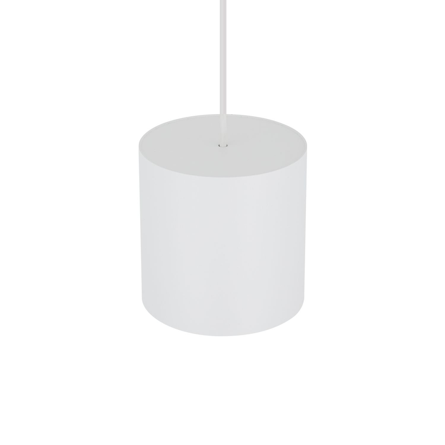 Biała, cylindryczna lampa wisząca z prostym przewodem u góry. Lampa ma nowoczesny design i jednolitą powierzchnię.